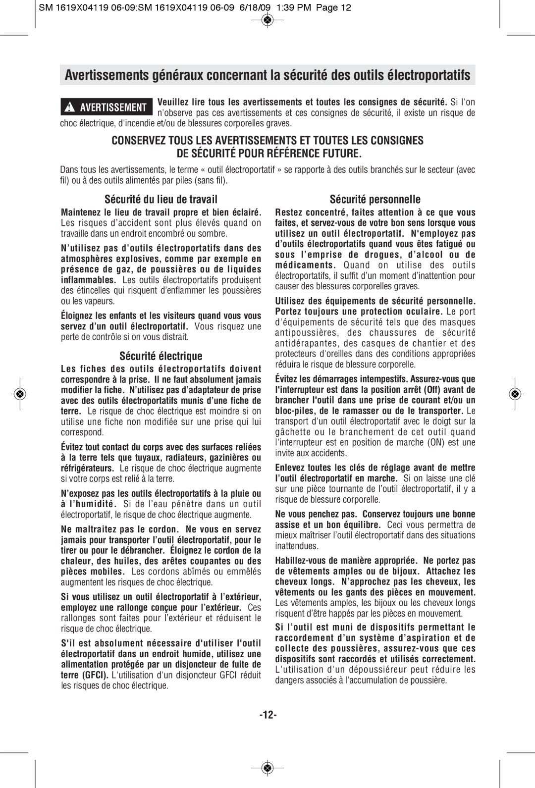 Skil 6277 manual Sécurité du lieu de travail, Sécurité électrique 