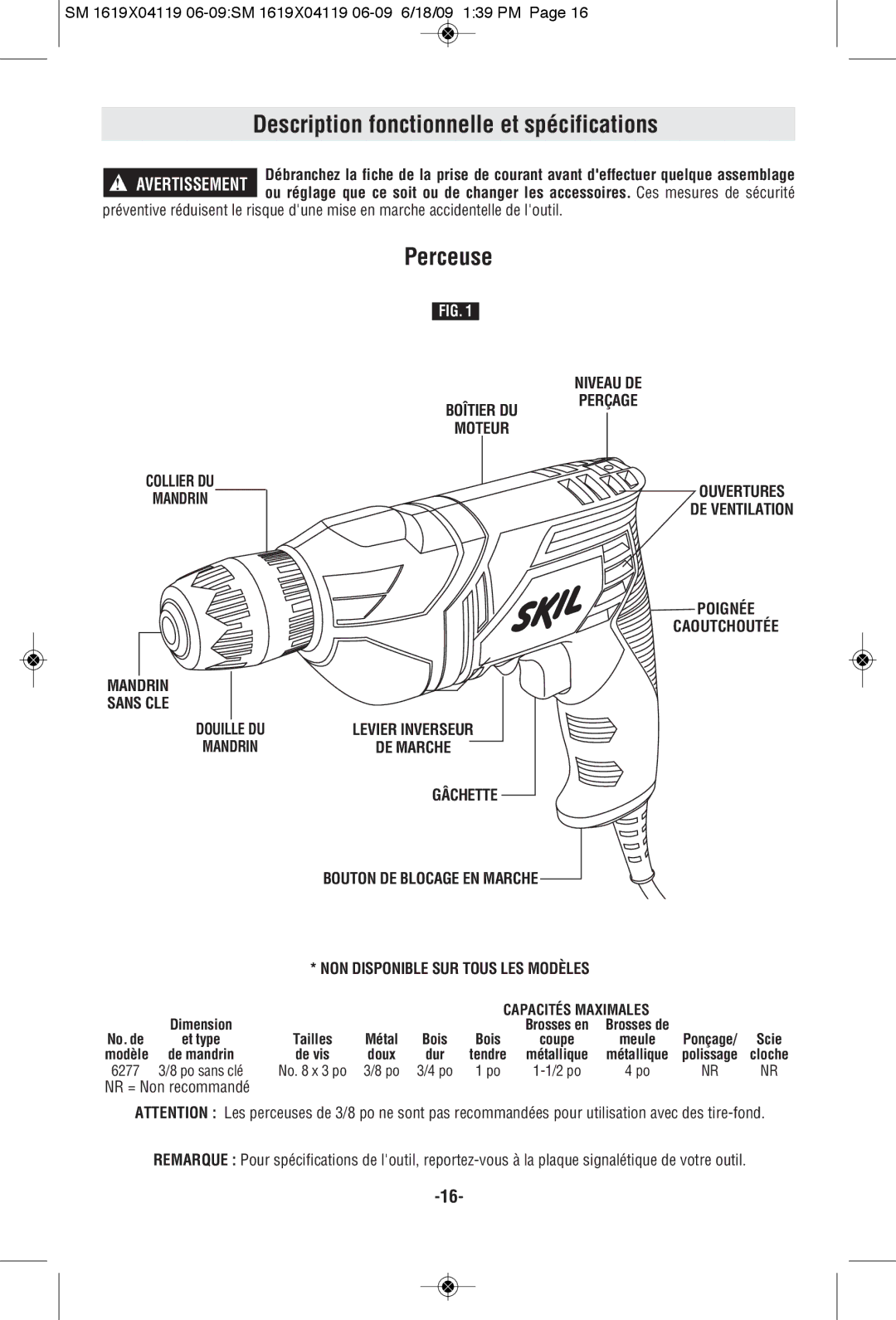 Skil 6277 manual Description fonctionnelle et spécifications, Perceuse, NON Disponible SUR Tous LES Modèles 