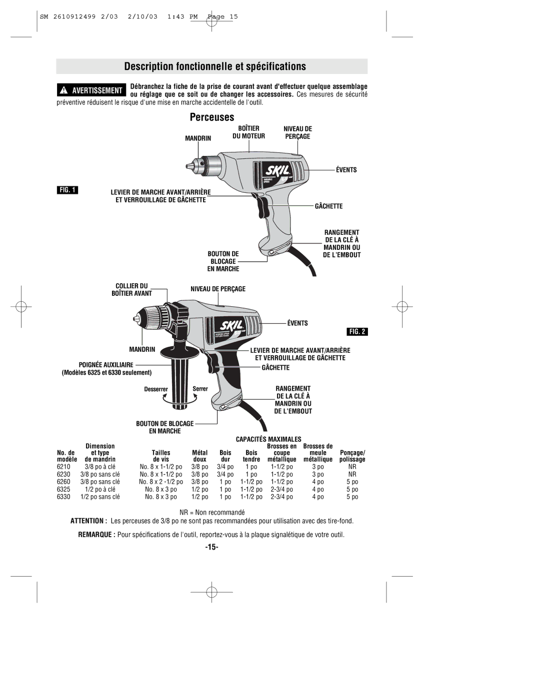 Skil 6325, 6330, 6230, 6210, 6260 manual Description fonctionnelle et spécifications, Perceuses 