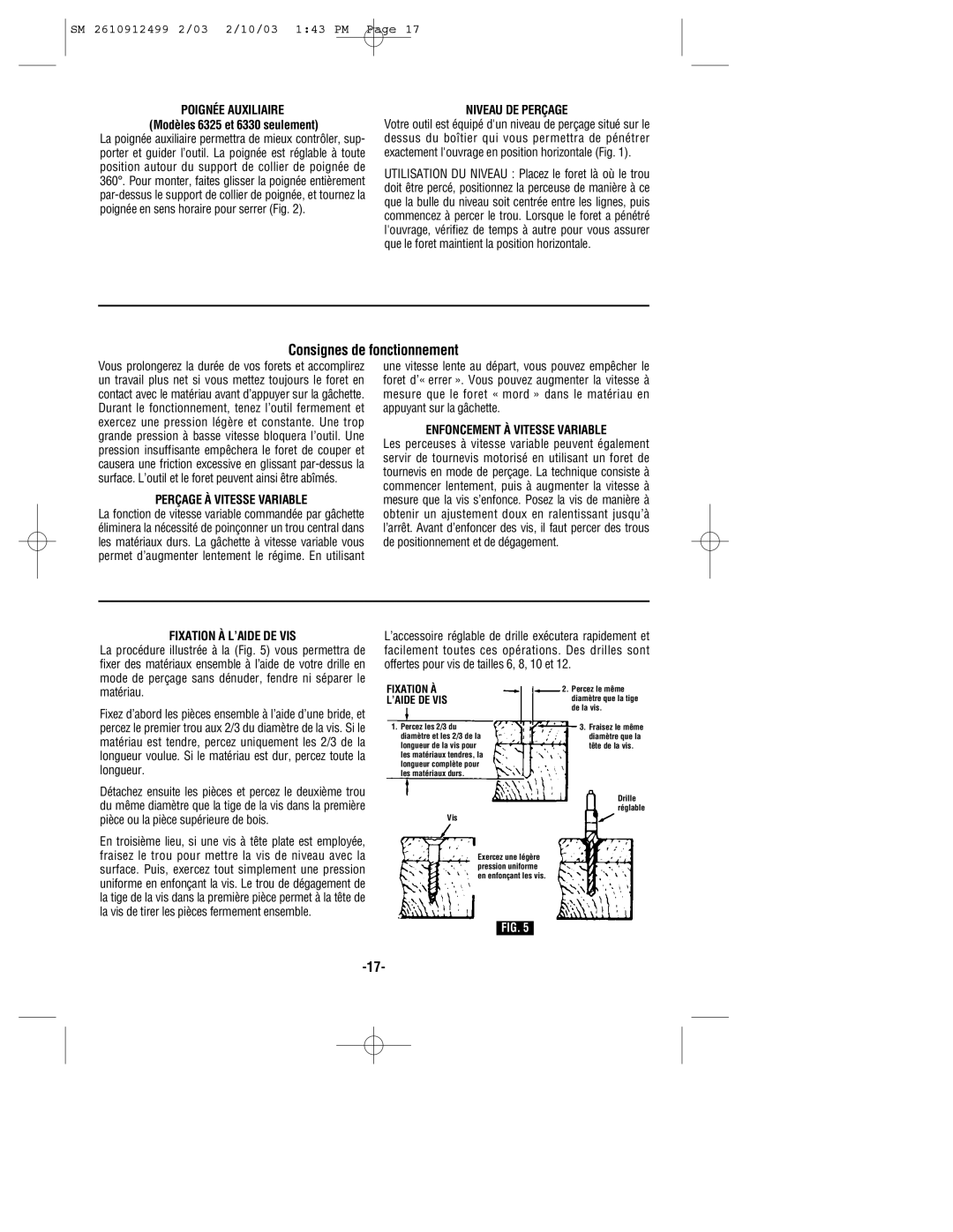 Skil 6230, 6325 Consignes de fonctionnement, Niveau DE Perçage, Perçage À Vitesse Variable, Enfoncement À Vitesse Variable 