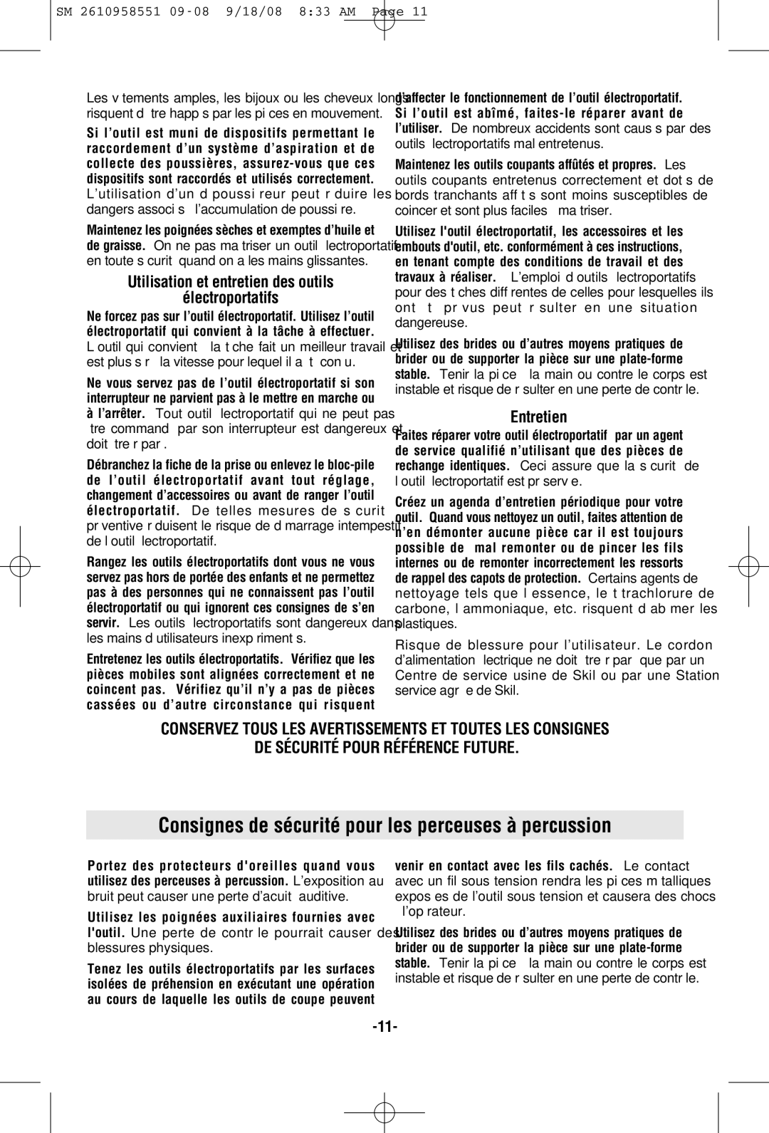 Skil 6445 Consignes de sécurité pour les perceuses à percussion, Utilisation et entretien des outils Électroportatifs 