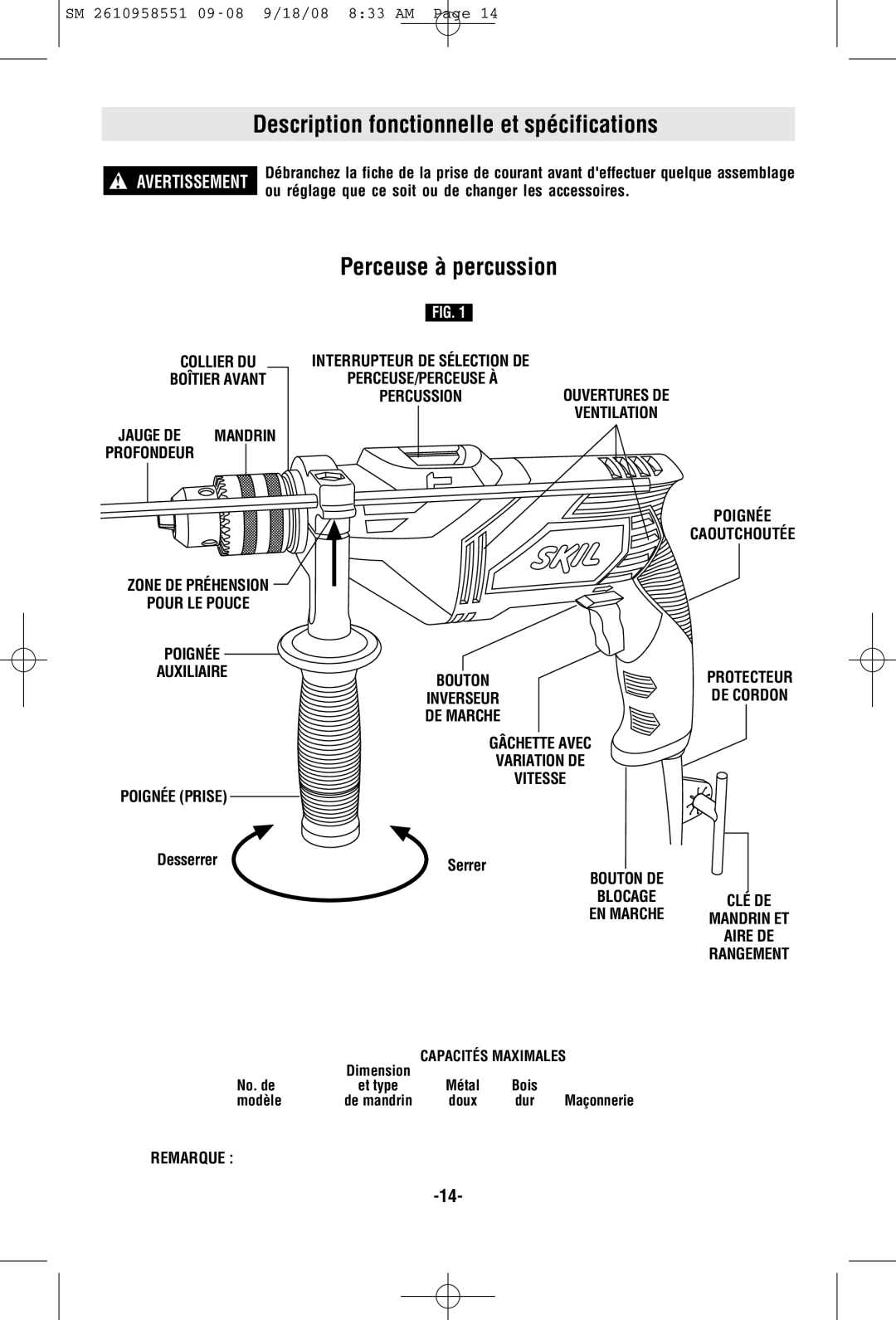 Skil 6445 manual Description fonctionnelle et spécifications, Perceuse à percussion, Collier DU Boîtier Avant, Desserrer 