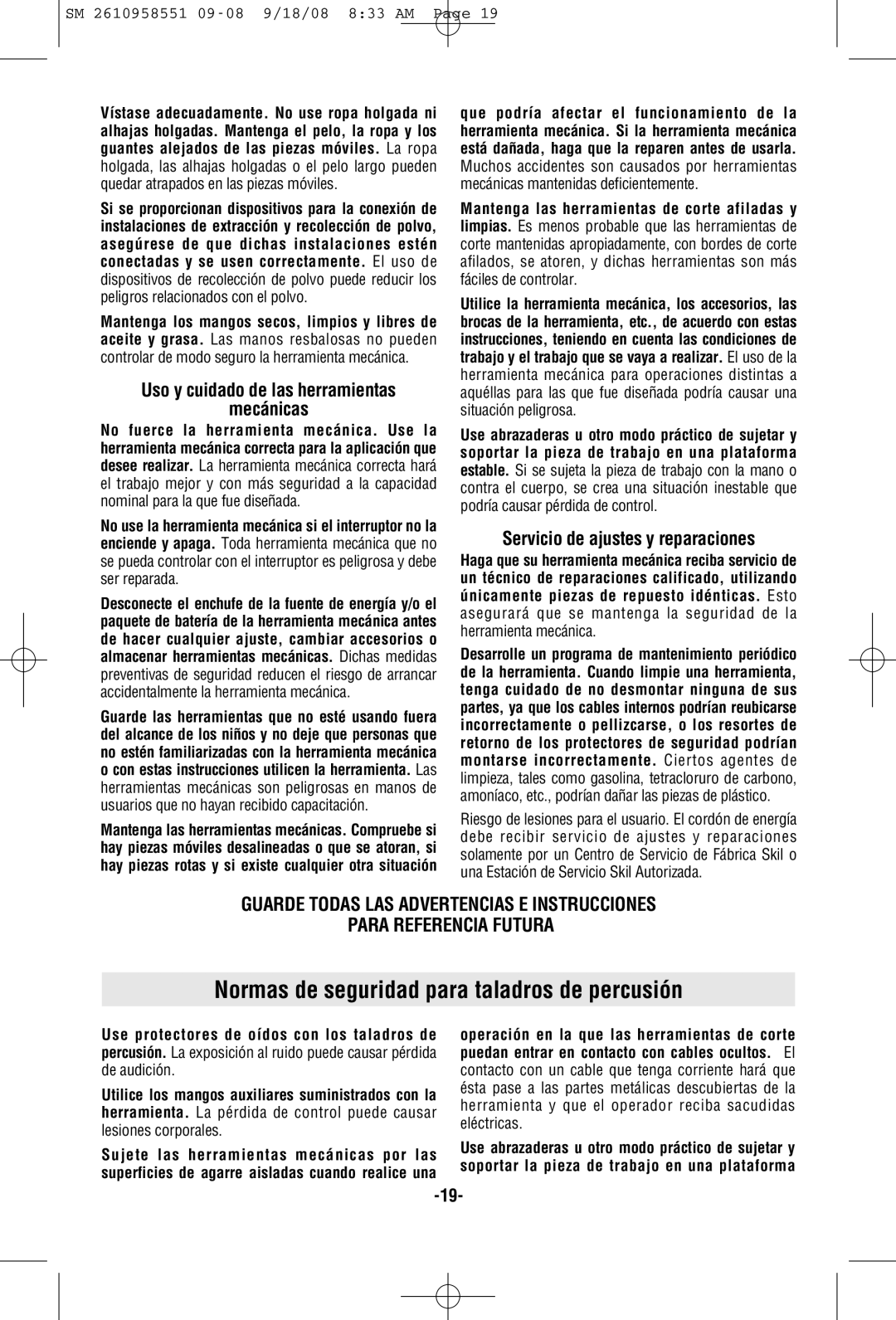 Skil 6445 manual Normas de seguridad para taladros de percusión, Mecánicas, Servicio de ajustes y reparaciones 