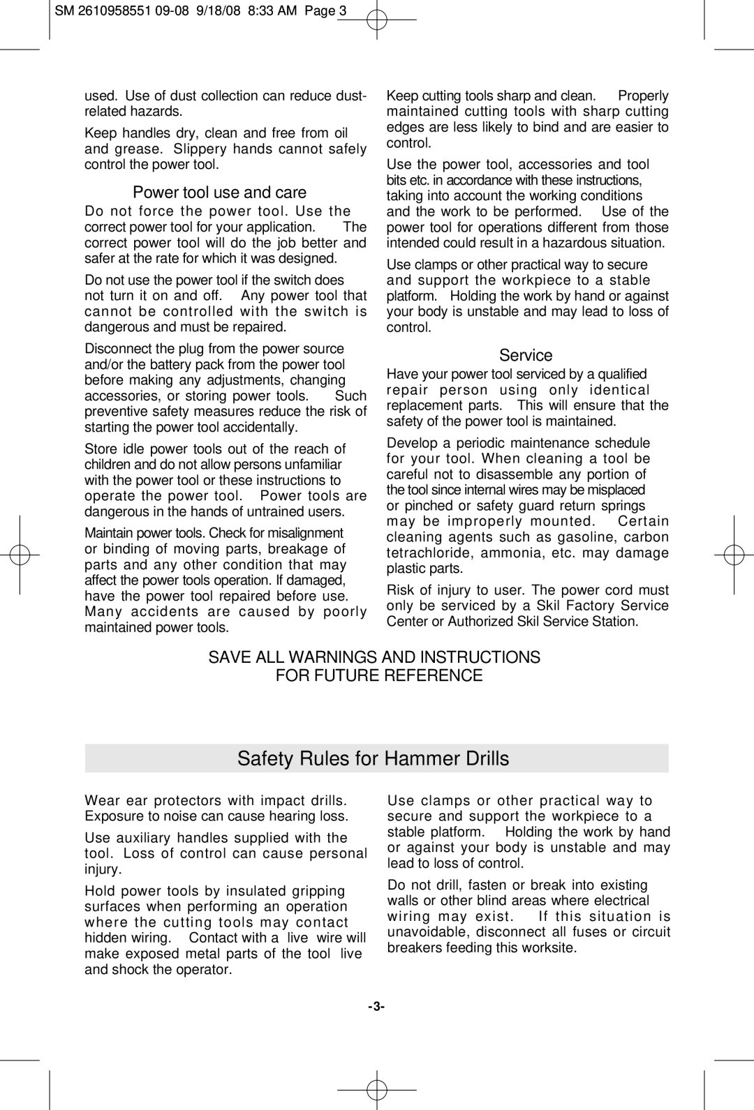 Skil 6445 manual Safety Rules for Hammer Drills, Power tool use and care, Service 