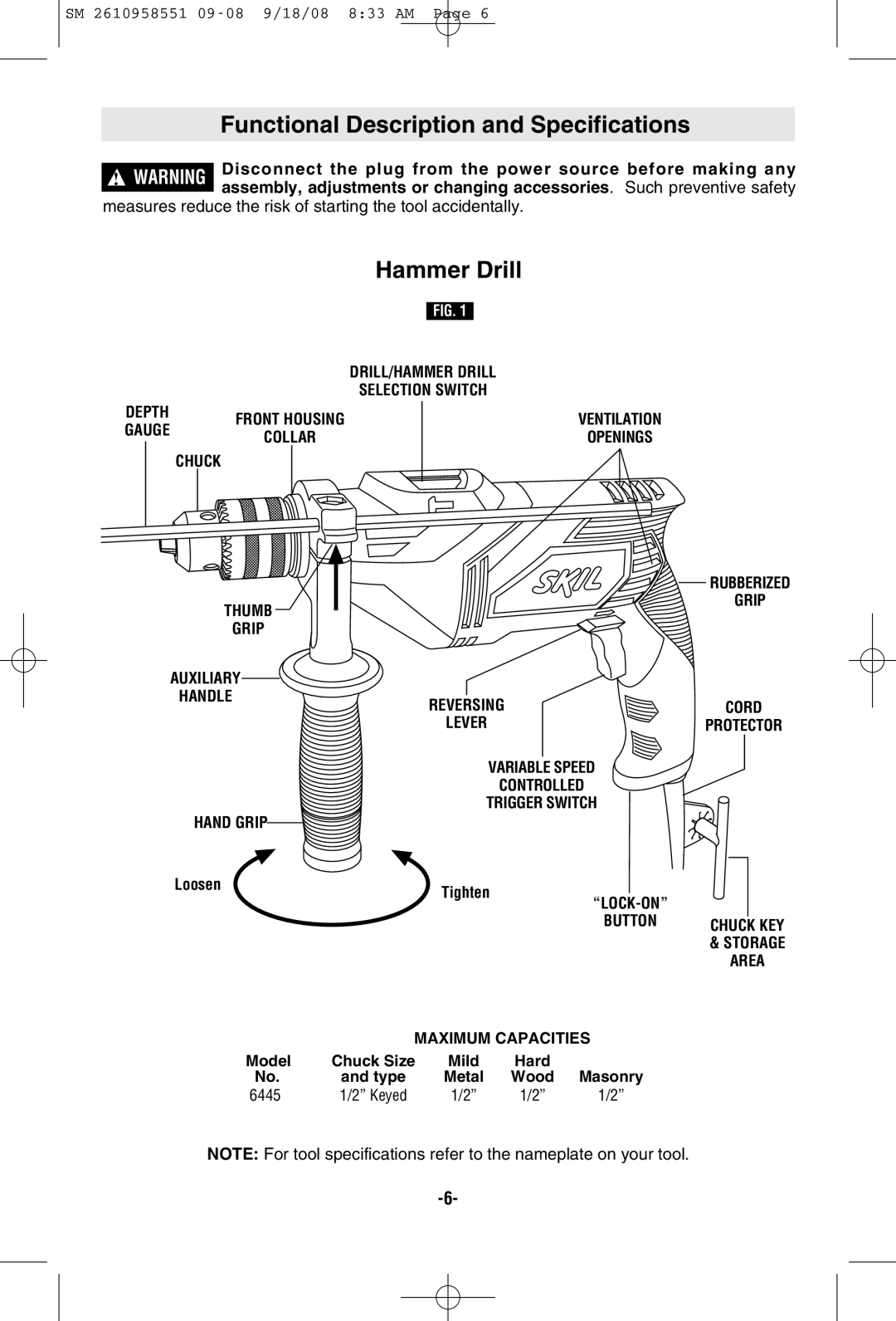 Skil 6445 manual Functional Description and Specifications, Hammer Drill 