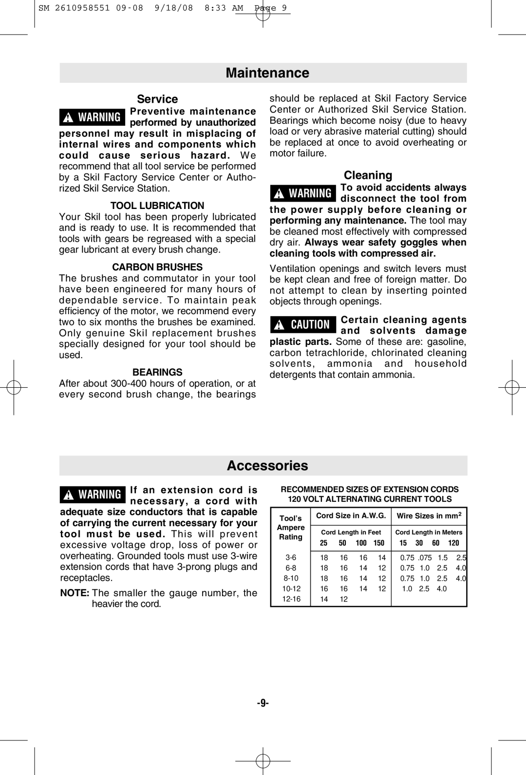 Skil 6445 manual Maintenance, Accessories, Cleaning 