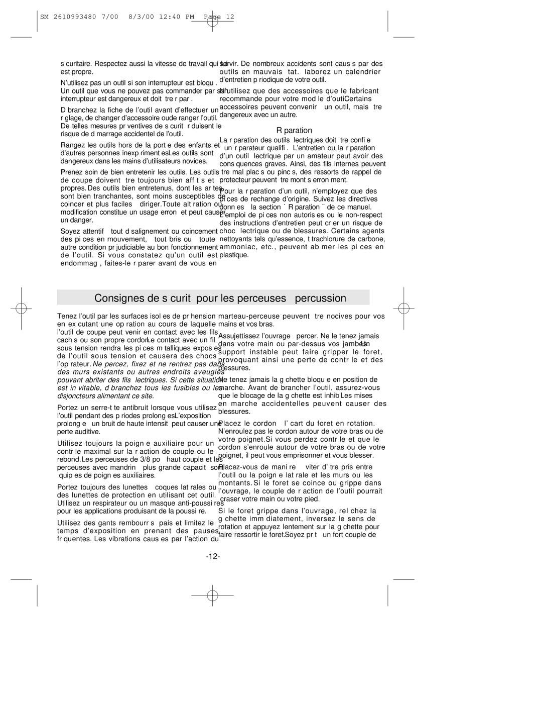 Skil 6464, 6443 manual Consignes de sécurité pour les perceuses à percussion, Réparation 