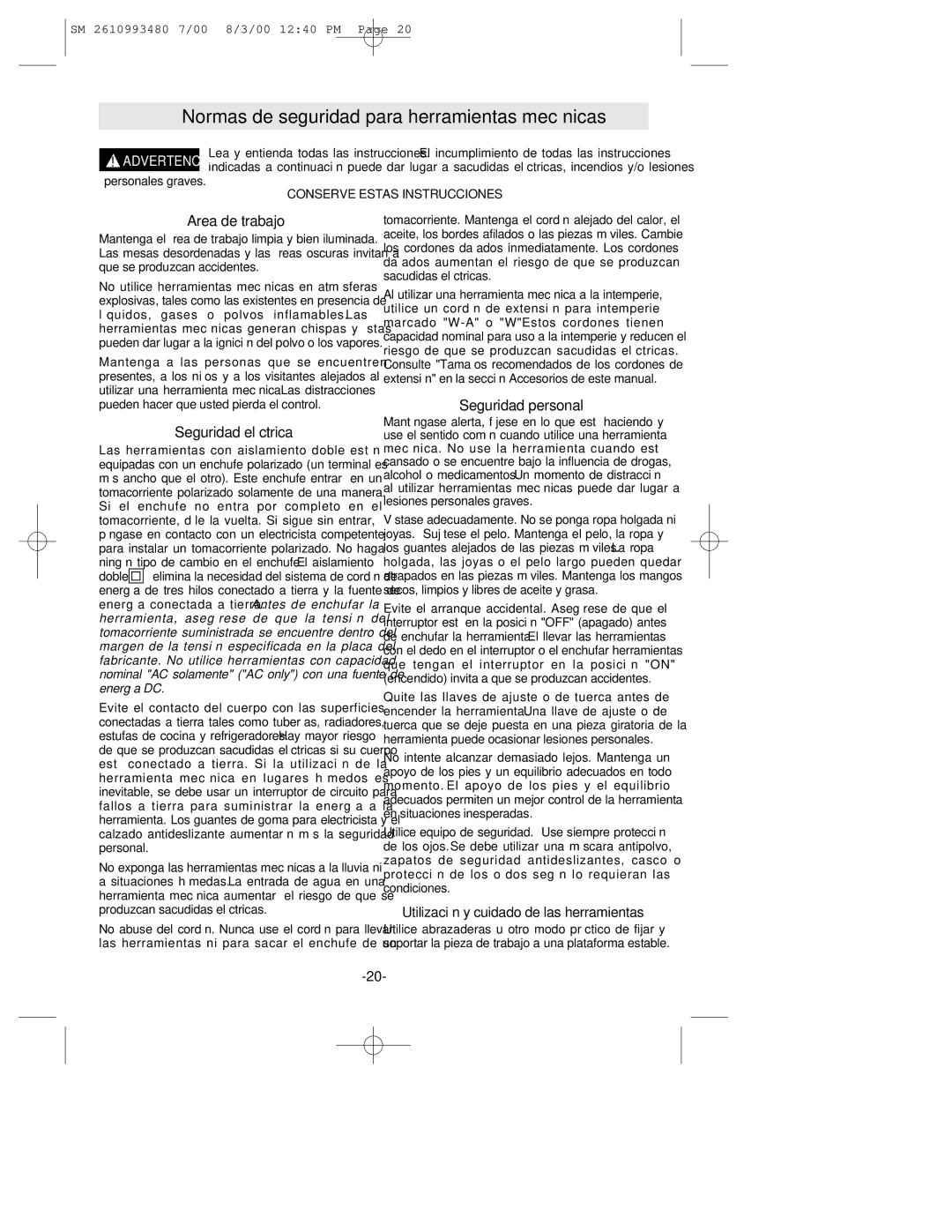 Skil 6464, 6443 Normas de seguridad para herramientas mecánicas, Area de trabajo, Seguridad eléctrica, Seguridad personal 