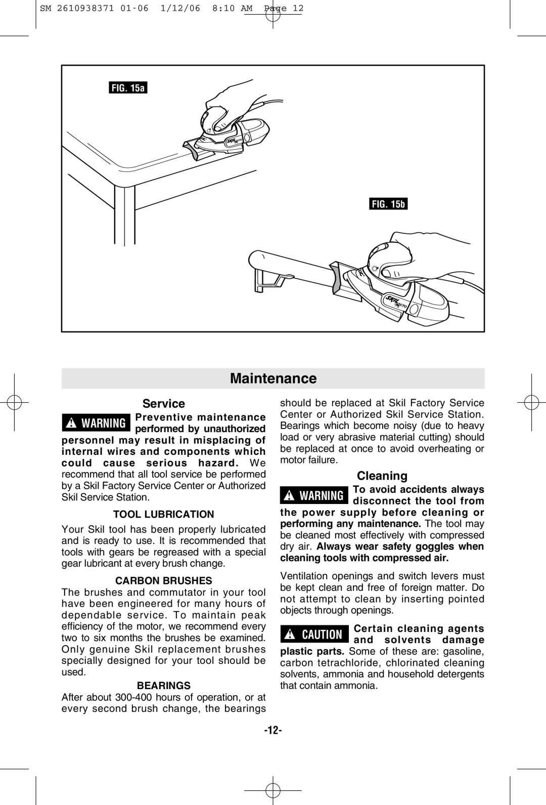 Skil 7300 manual Maintenance, Cleaning, Tool Lubrication, Carbon Brushes, Bearings 