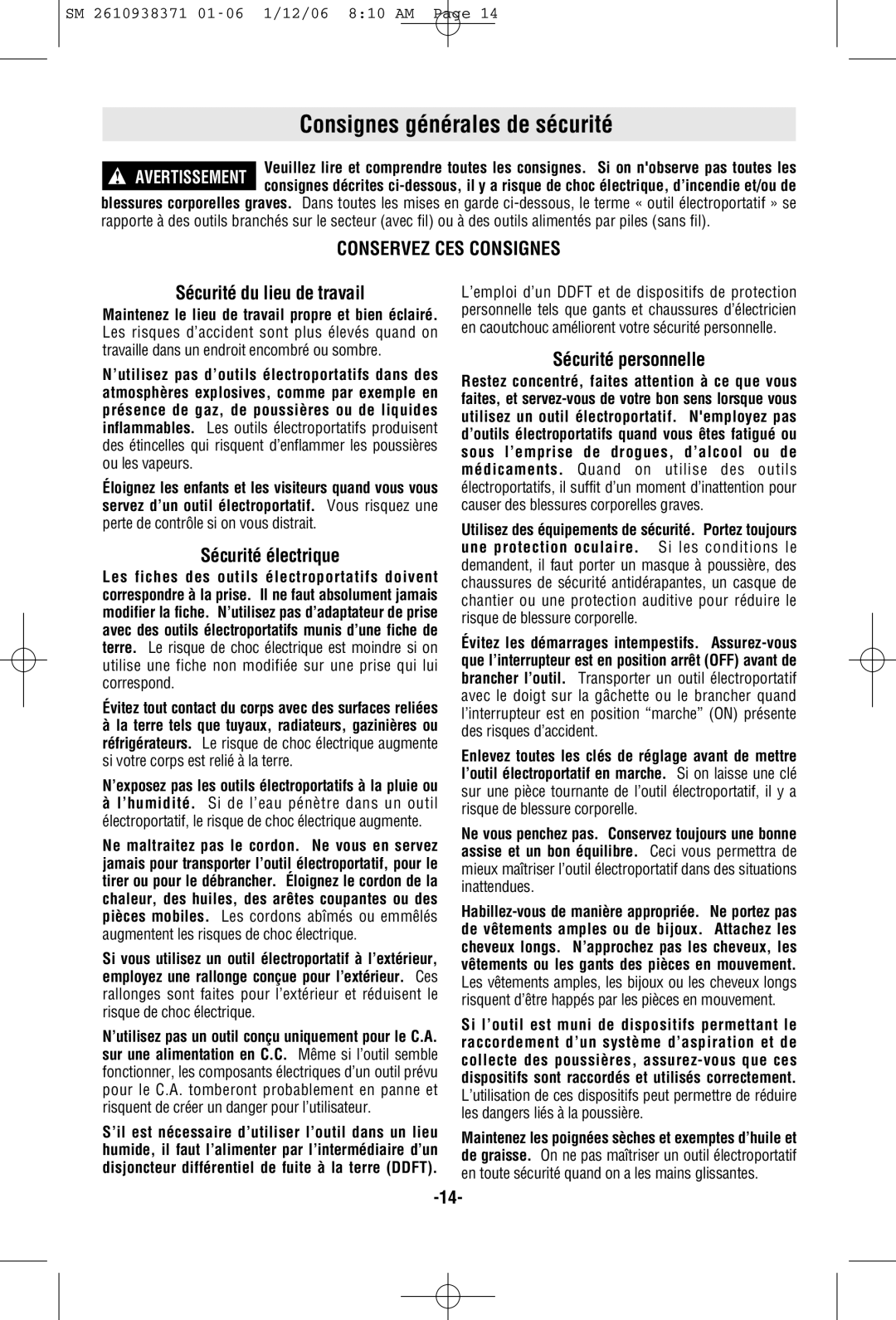 Skil 7300 manual Consignes générales de sécurité, Sécurité du lieu de travail, Sécurité électrique, Sécurité personnelle 