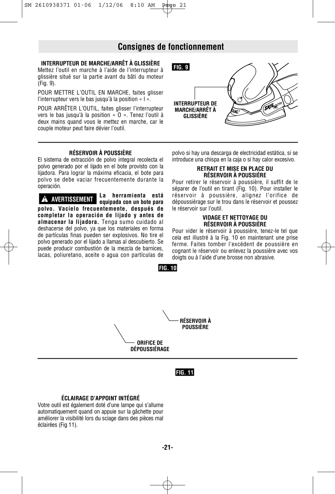 Skil 7300 Consignes de fonctionnement, Retrait ET Mise EN Place DU Réservoir À Poussière, Éclairage D’APPOINT Intégré 