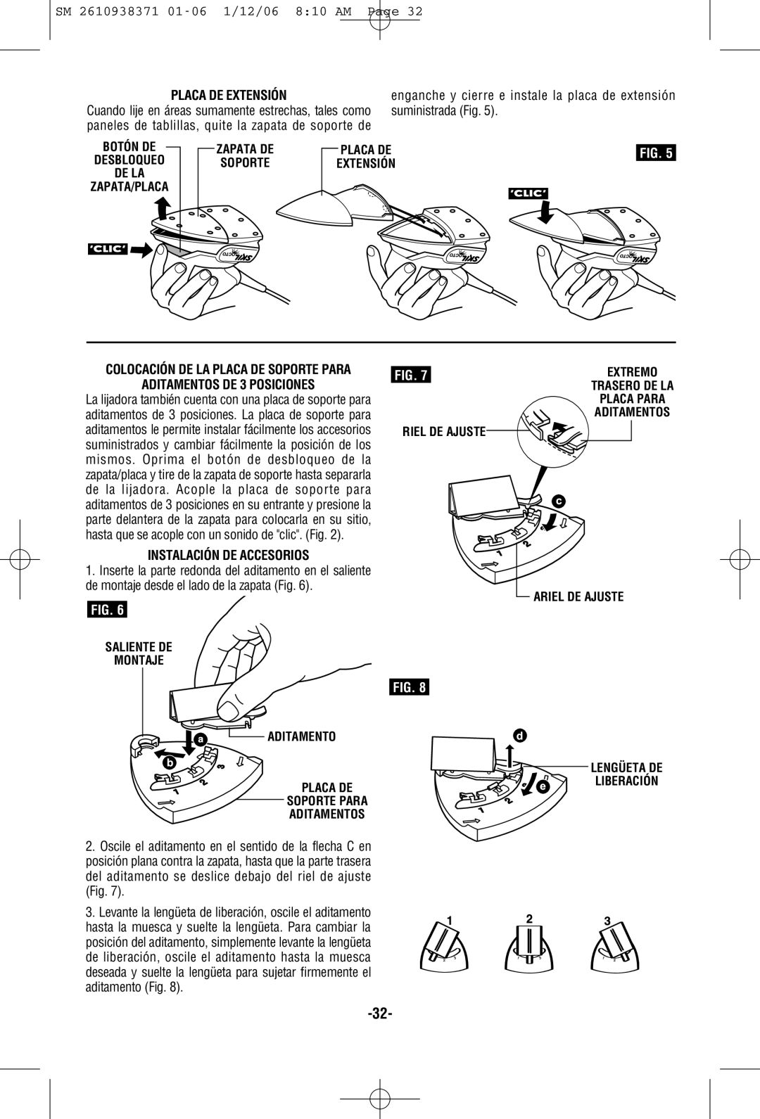 Skil 7300 manual Placa DE Extensión, Aditamentos DE 3 Posiciones, Instalación DE Accesorios 