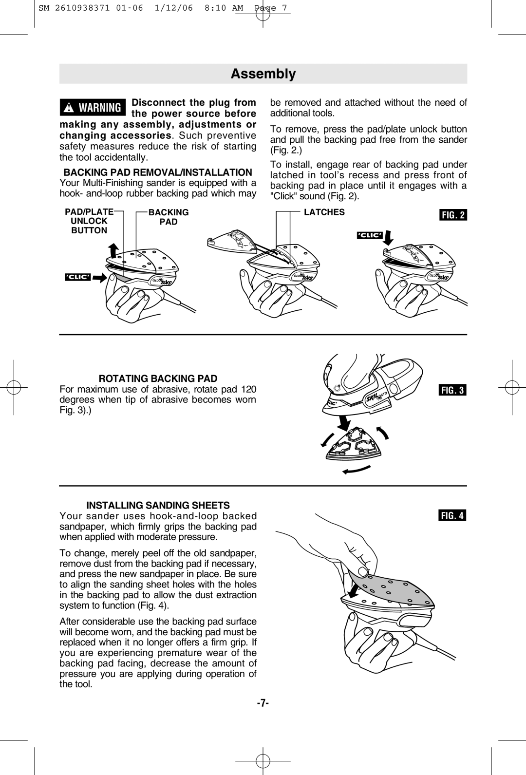 Skil 7300 manual Assembly, Rotating Backing PAD, Installing Sanding Sheets 