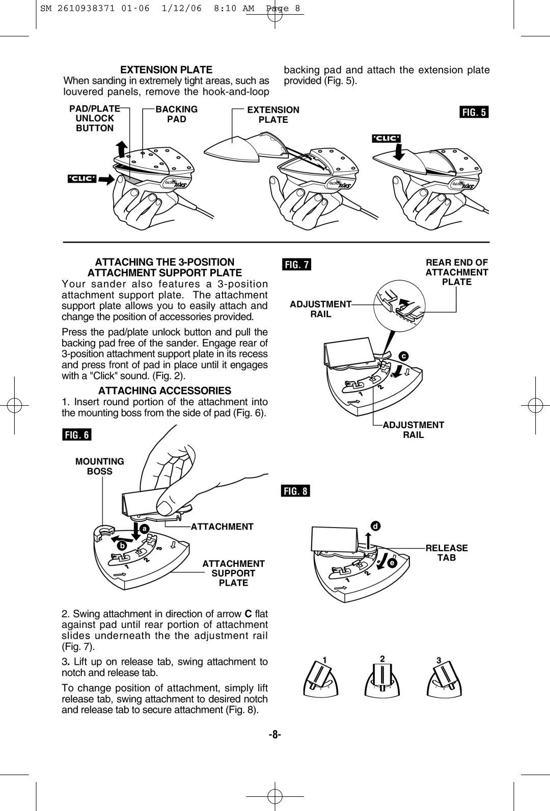 Skil 7300 manual Extension Plate, Attaching the 3-POSITION Attachment Support Plate, Attaching Accessories 