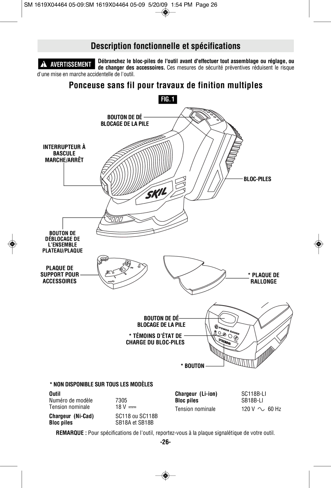 Skil 7305 Description fonctionnelle et spécifications, Ponceuse sans fil pour travaux de finition multiples, SB18B-LI 