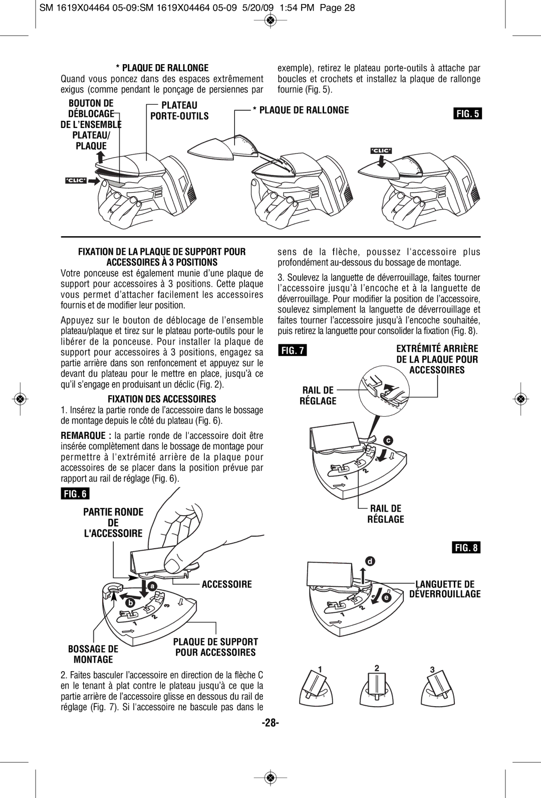 Skil 7305 manual Plaque DE Rallonge, Accessoires À 3 Positions, Fixation DES Accessoires 