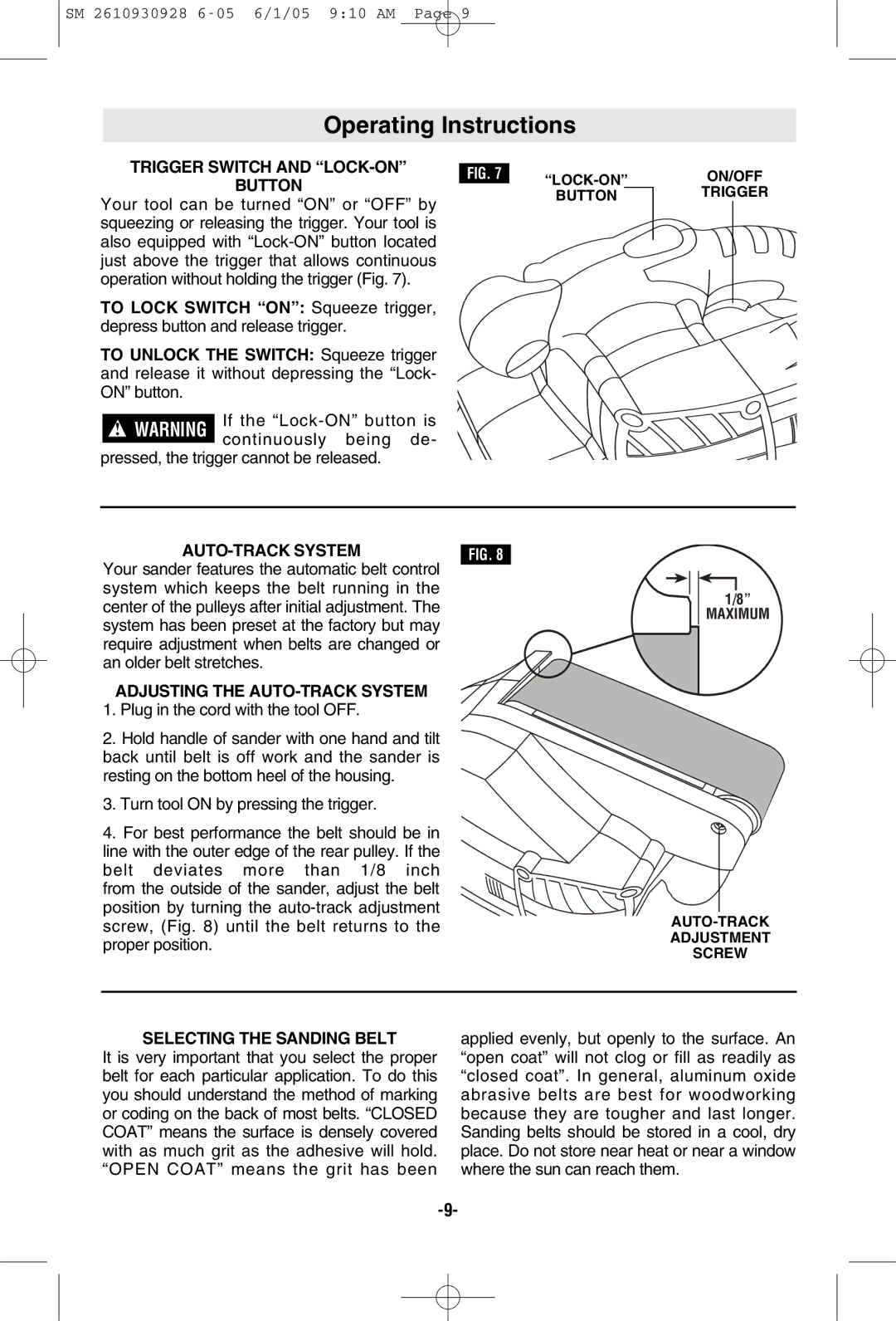 Skil 7500 manual Operating Instructions, Trigger Switch and LOCK-ON, Button, AUTO-TRACK System, Selecting the Sanding Belt 