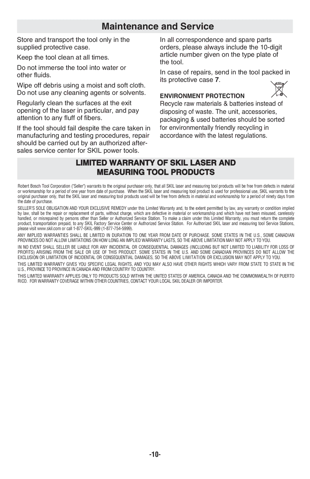 Skil 8201-CL manual Maintenance and Service, Environment Protection 