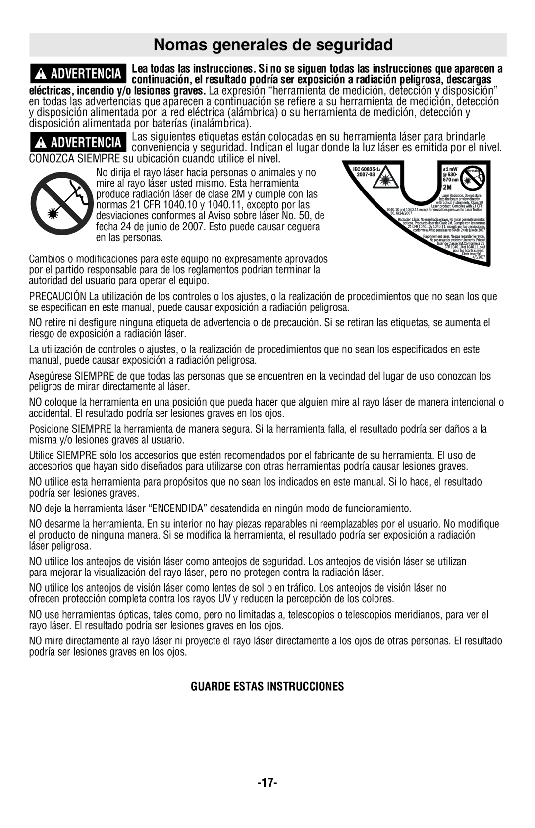 Skil 8201-CL manual Nomas generales de seguridad, Advertencia 