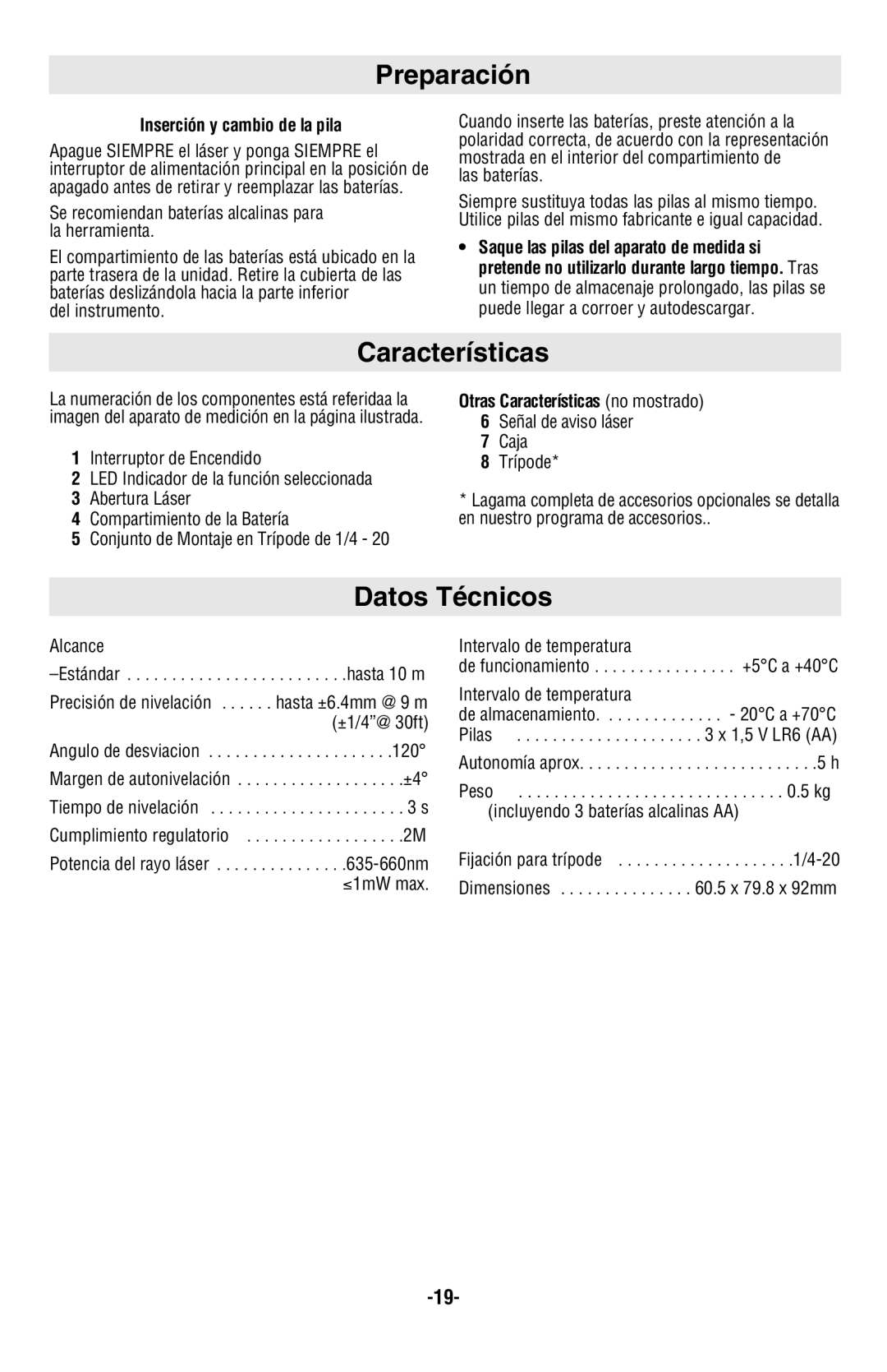 Skil 8201-CL manual Preparación, Características, Datos Técnicos, Inserción y cambio de la pila 