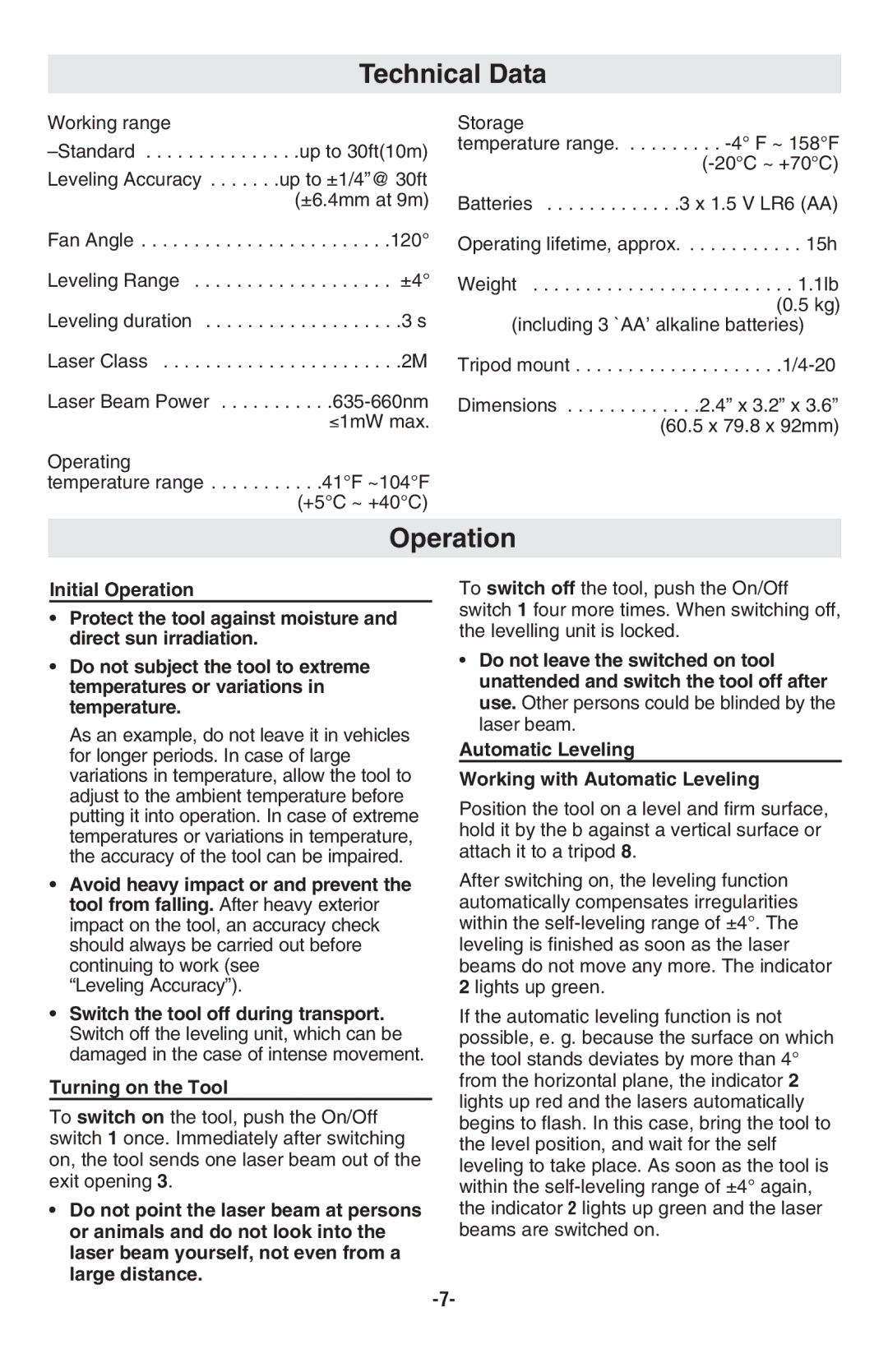 Skil 8201-CL manual Technical Data, Operation, Leveling Accuracy 