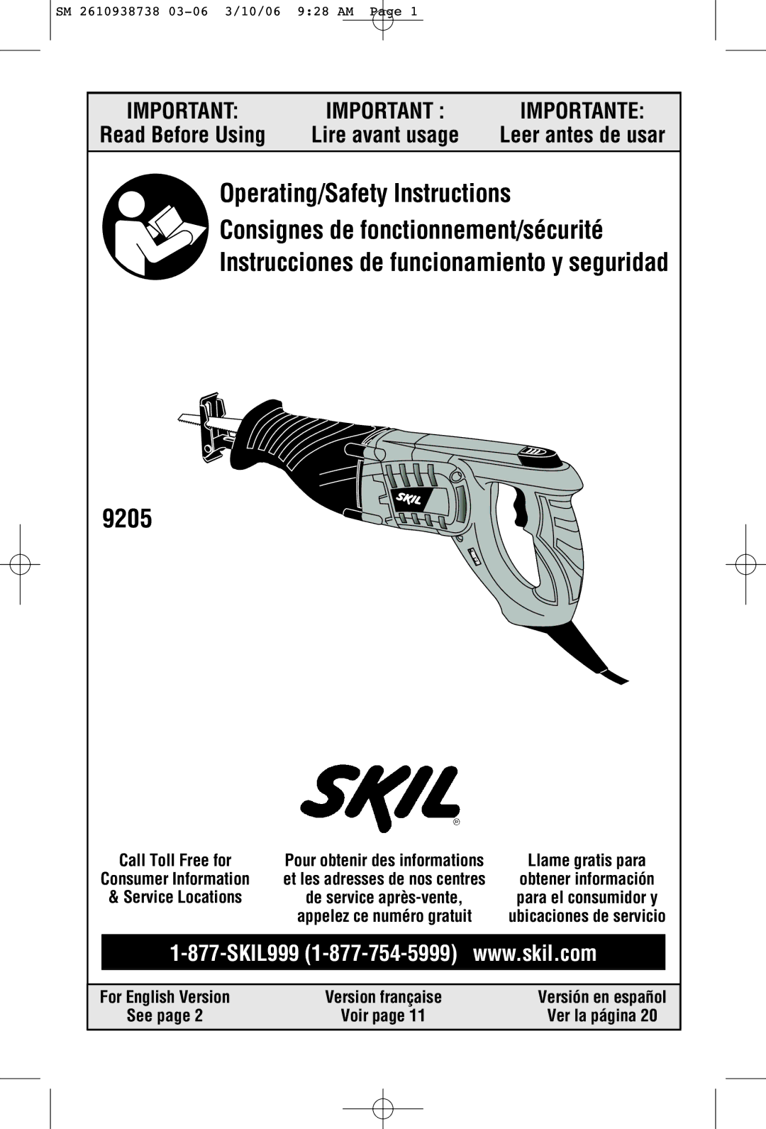 Skil 9205 manual Leer antes de usar, For English Version Version française, Call Toll Free for, See Voir Ver la página 