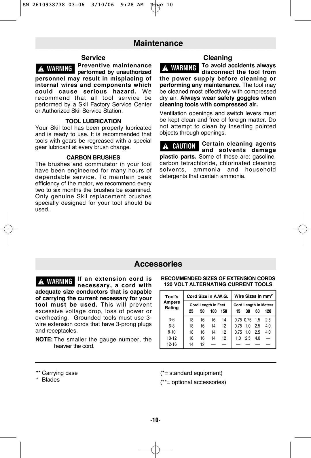 Skil 9205 manual Maintenance, Accessories, Cleaning, Tool Lubrication, Carbon Brushes 