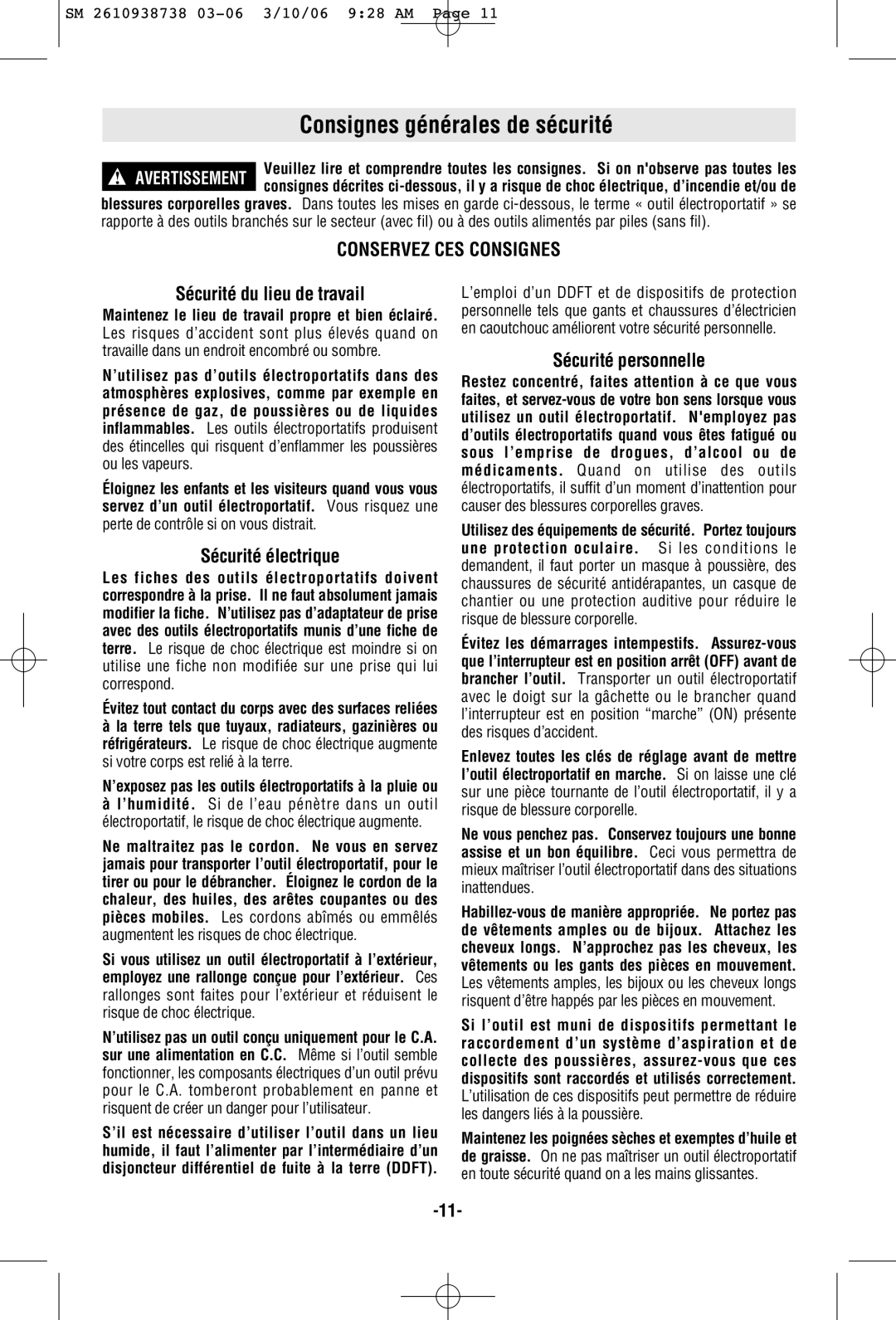 Skil 9205 manual Consignes générales de sécurité, Sécurité du lieu de travail, Sécurité électrique, Sécurité personnelle 