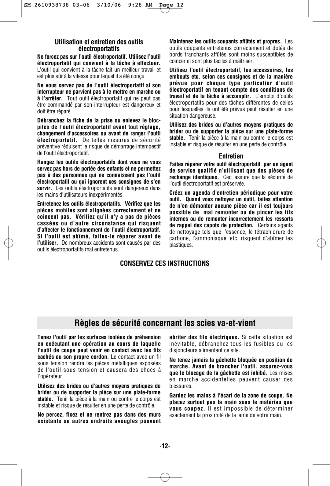 Skil 9205 manual Règles de sécurité concernant les scies va-et-vient, Utilisation et entretien des outils Électroportatifs 