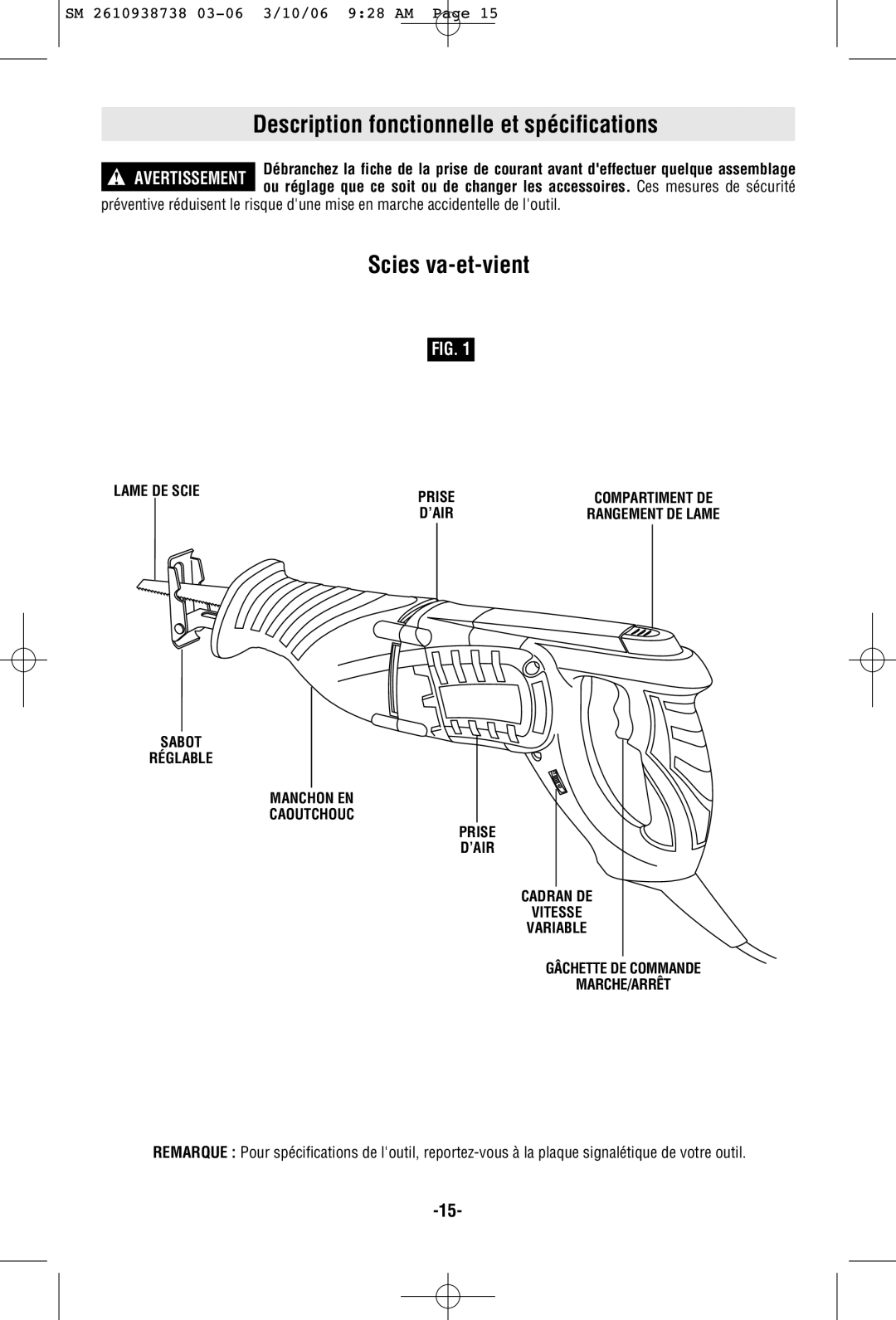 Skil 9205 manual Description fonctionnelle et spécifications, Scies va-et-vient 