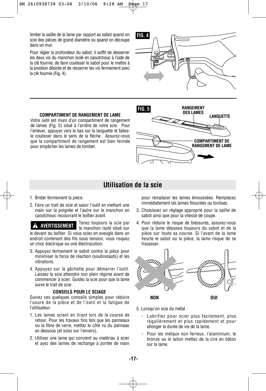 Skil 9205 manual Utilisation de la scie, Compartiment DE Rangement DE Lame, Conseils Pour LE Sciage, Nonoui 