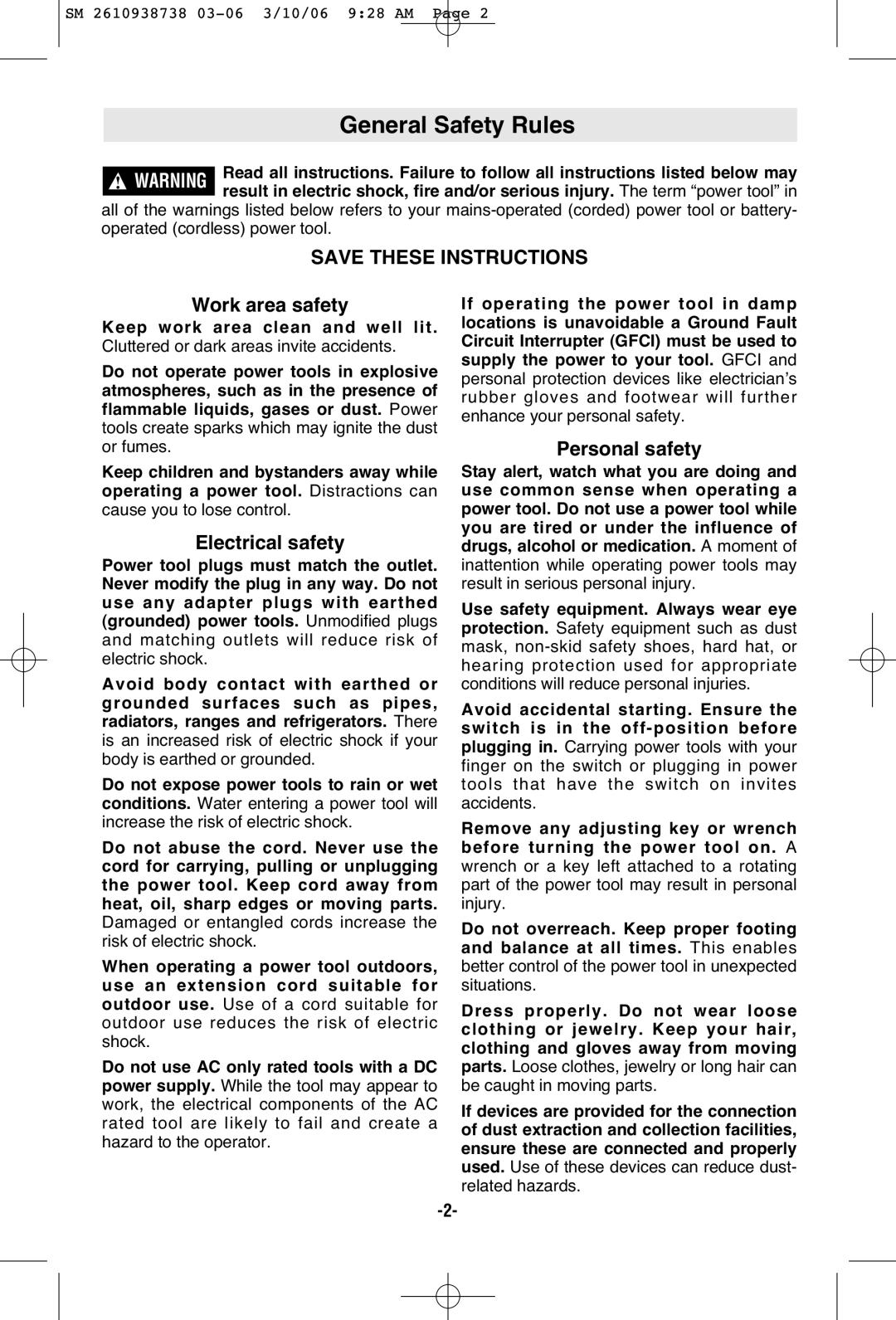 Skil 9205 manual General Safety Rules, Personal safety, Electrical safety 