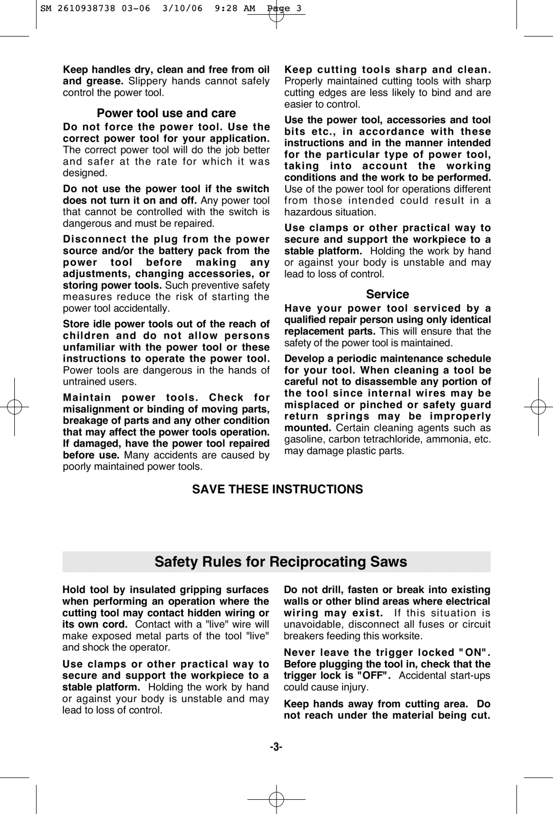 Skil 9205 manual Safety Rules for Reciprocating Saws, Power tool use and care, Service 