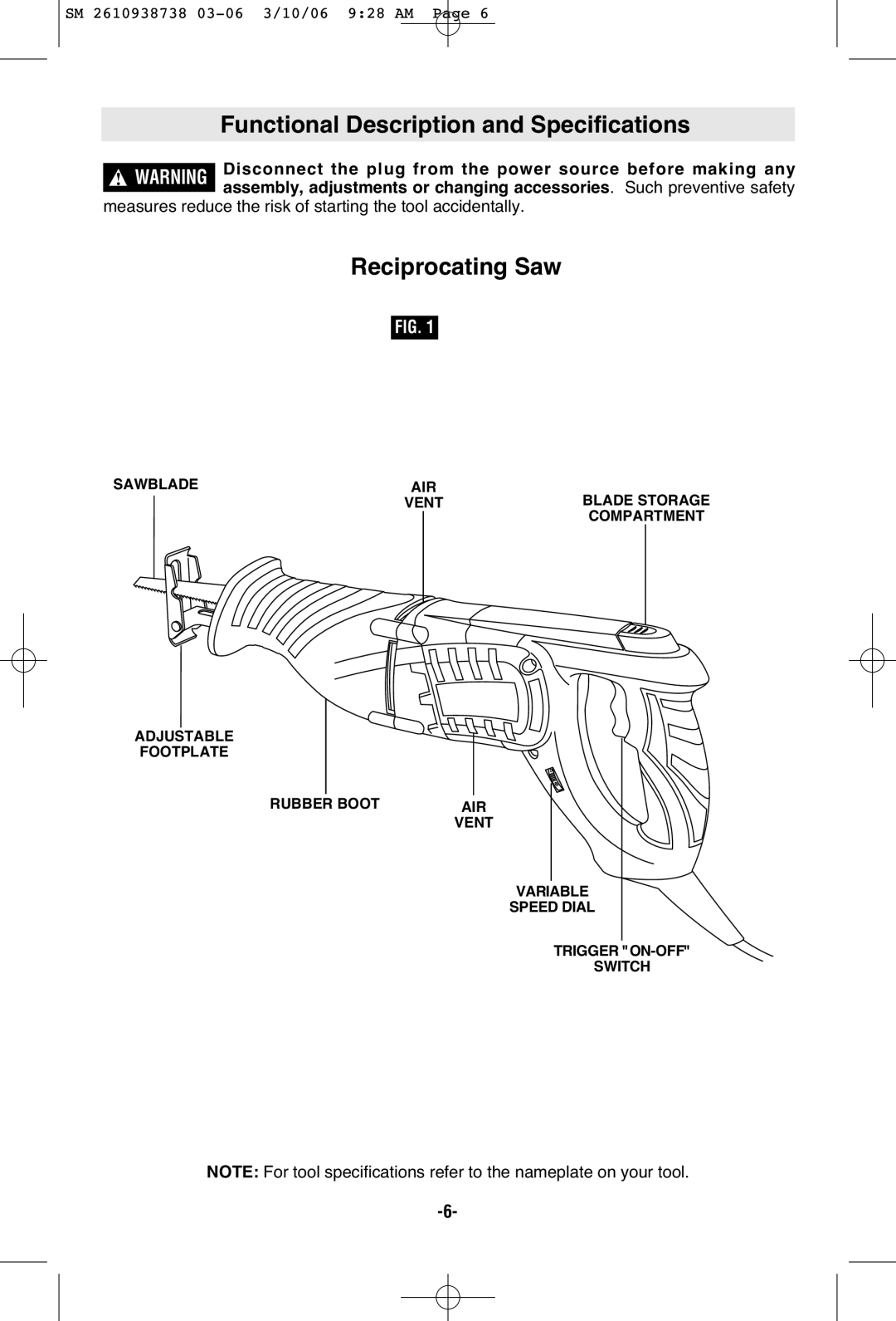 Skil 9205 manual Functional Description and Specifications, Reciprocating Saw 