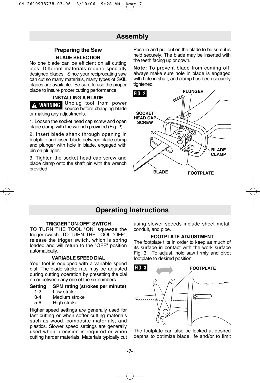 Skil 9205 manual Assembly, Operating Instructions 