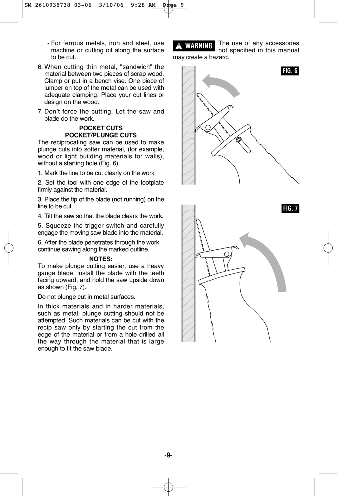 Skil 9205 manual Pocket Cuts POCKET/PLUNGE Cuts 