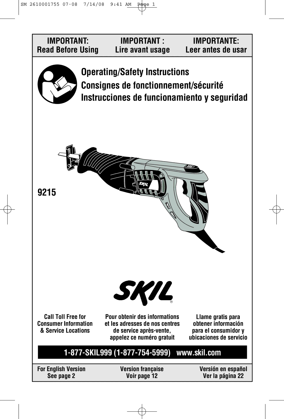 Skil 9215 manual For English Version Version française 