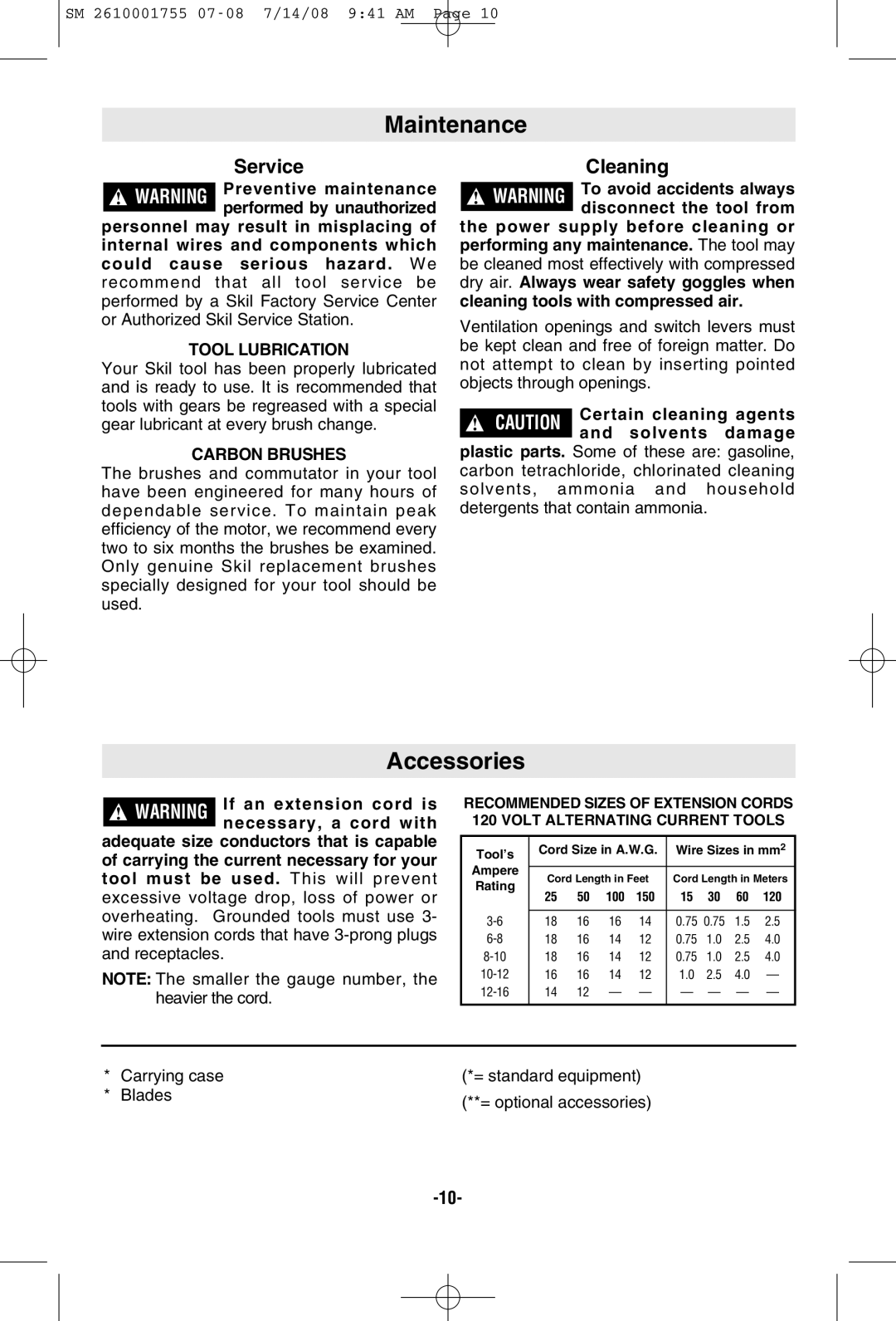 Skil 9215 manual Maintenance, Accessories, Cleaning, Tool Lubrication, Carbon Brushes 