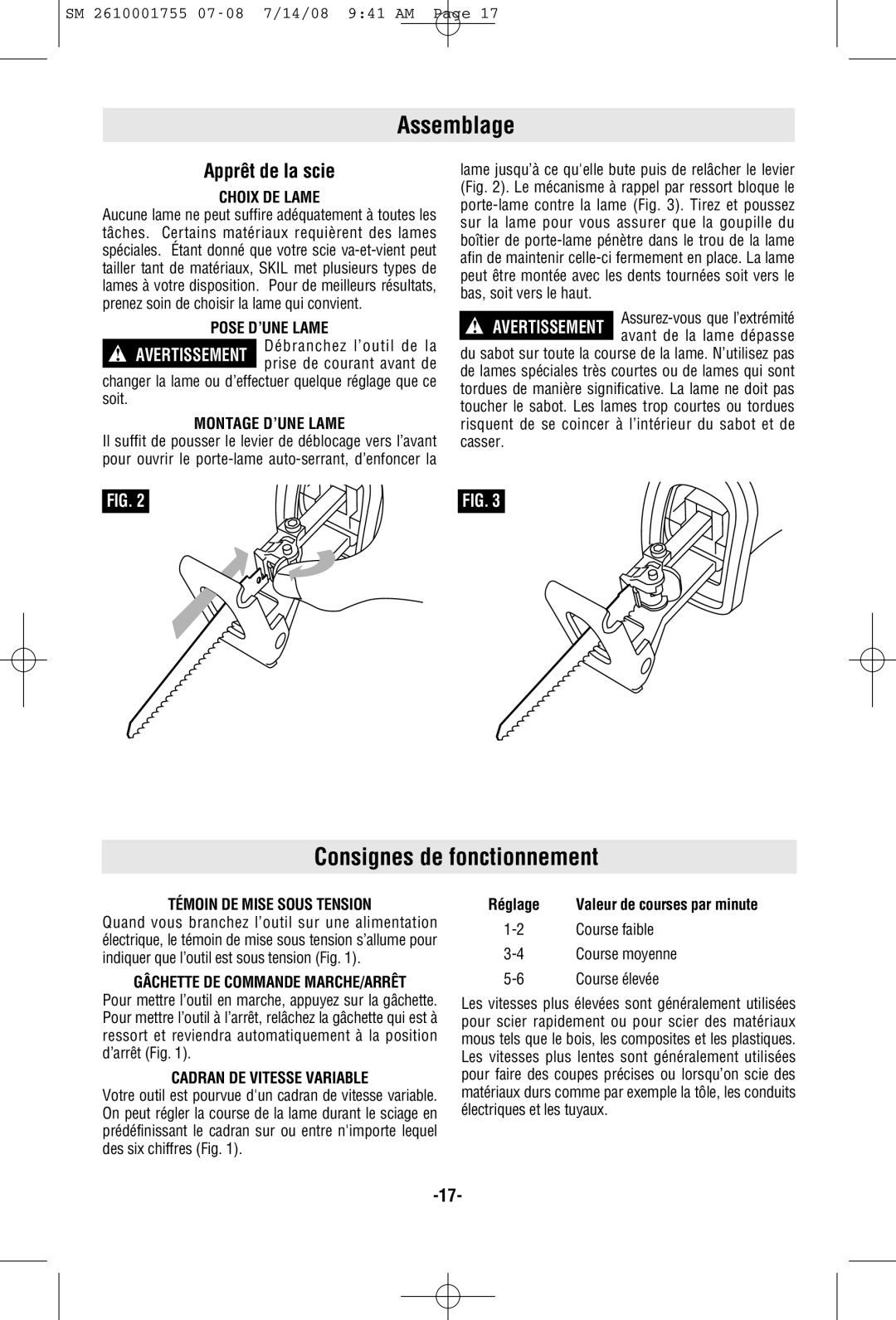 Skil 9215 manual Assemblage, Consignes de fonctionnement, Apprêt de la scie 