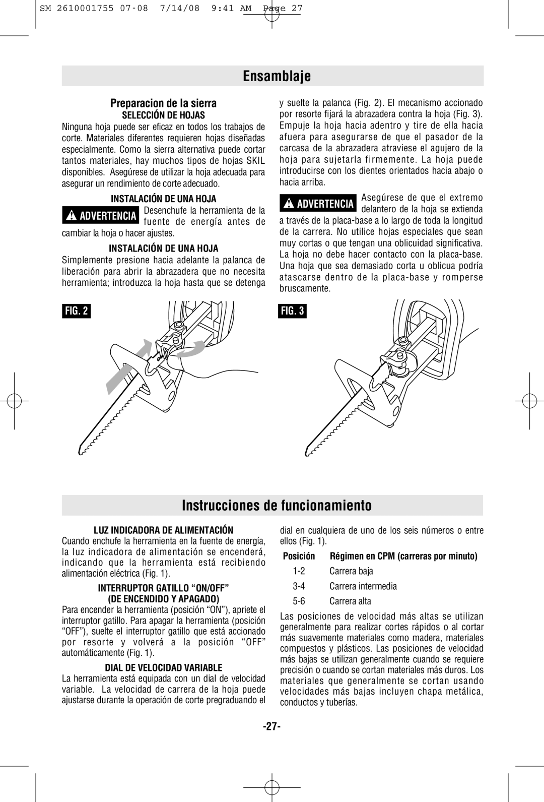 Skil 9215 manual Ensamblaje, Instrucciones de funcionamiento, Preparacion de la sierra 