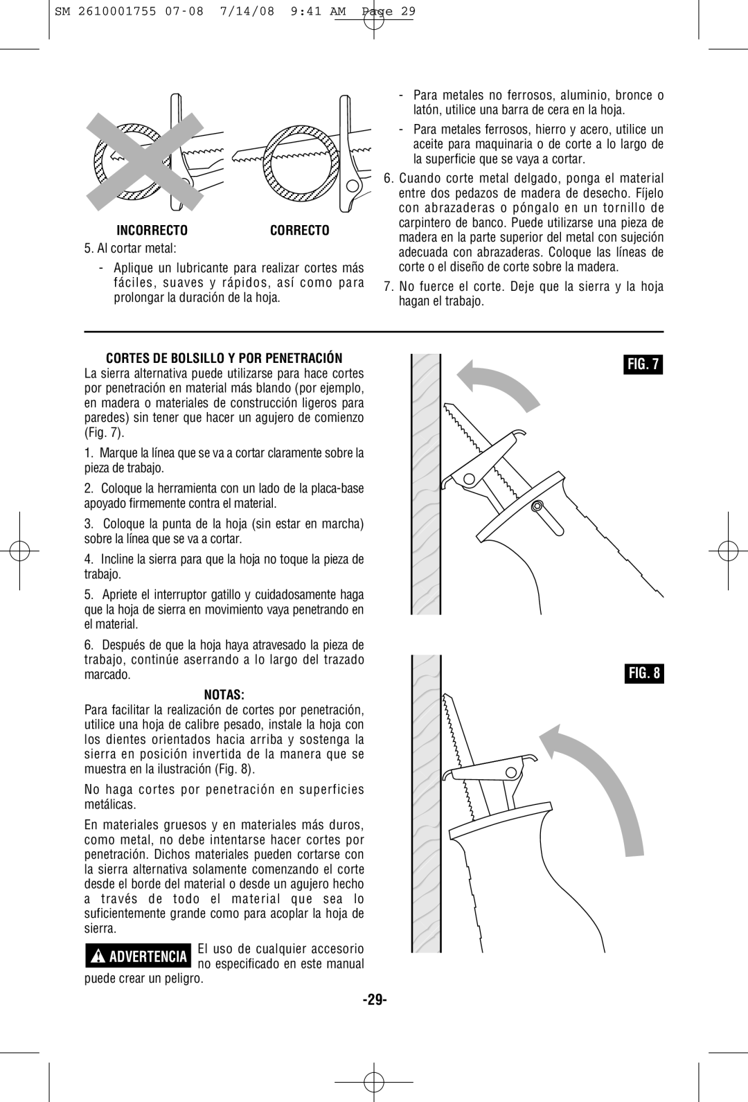 Skil 9215 manual Incorrectocorrecto, Cortes DE Bolsillo Y POR Penetración, Notas, Puede crear un peligro 