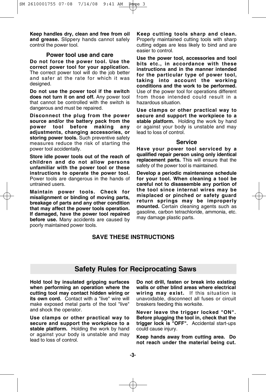 Skil 9215 manual Safety Rules for Reciprocating Saws, Power tool use and care, Service, Could cause injury 