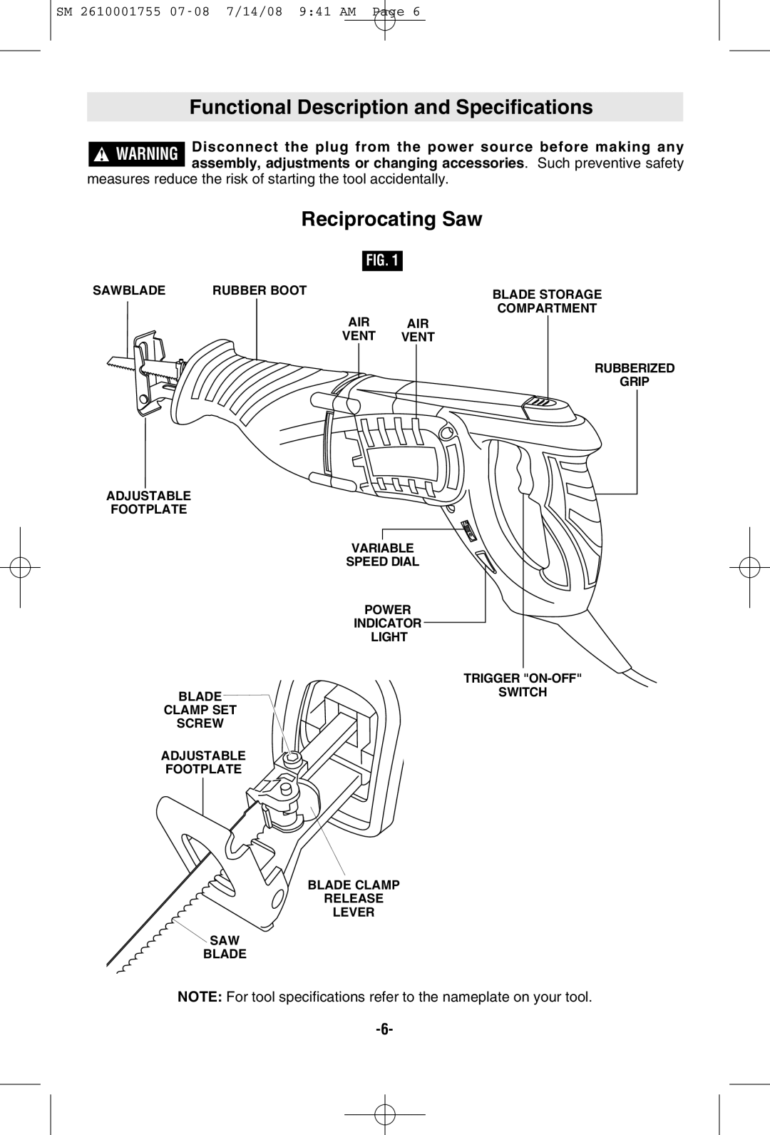 Skil 9215 manual Functional Description and Specifications, Reciprocating Saw 