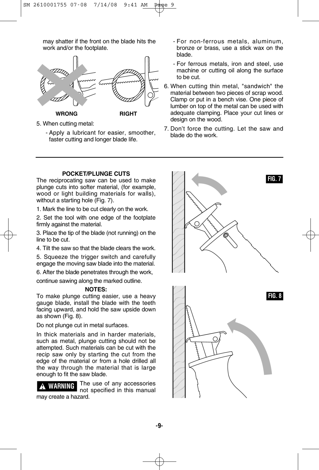 Skil 9215 manual Wrongright, POCKET/PLUNGE Cuts 