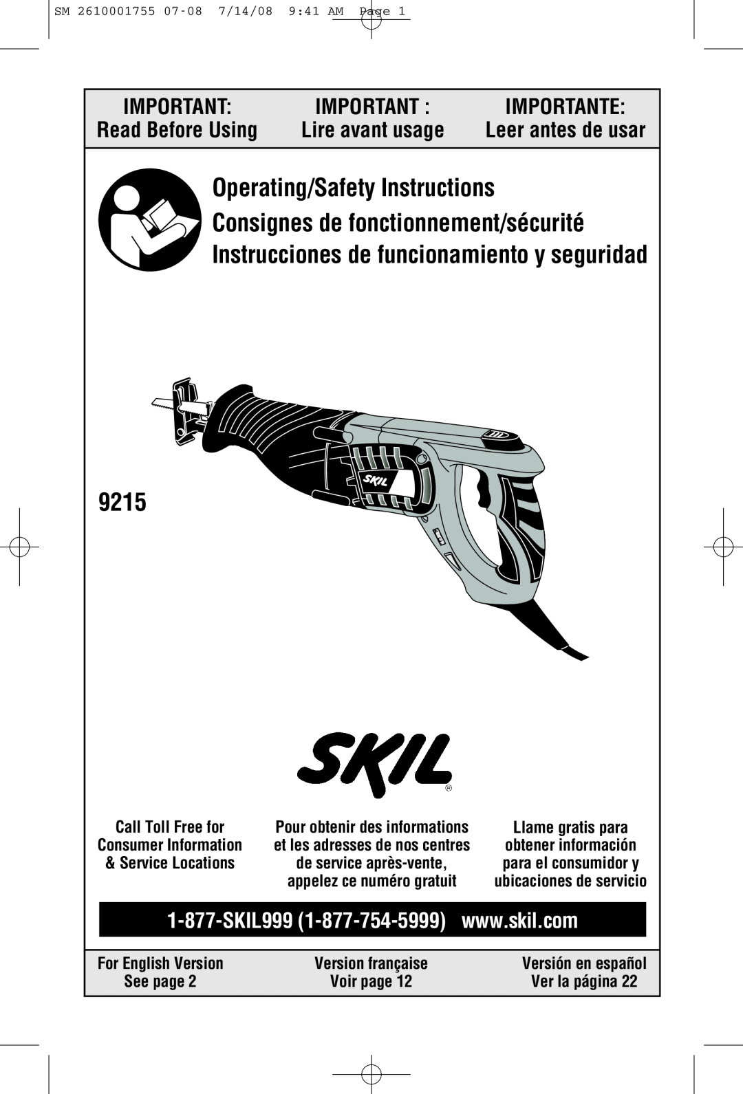 Skil 9215 manual For English Version, Version française, Versión en español, SM 2610001755 07-08 7/14/08 941 AM Page 