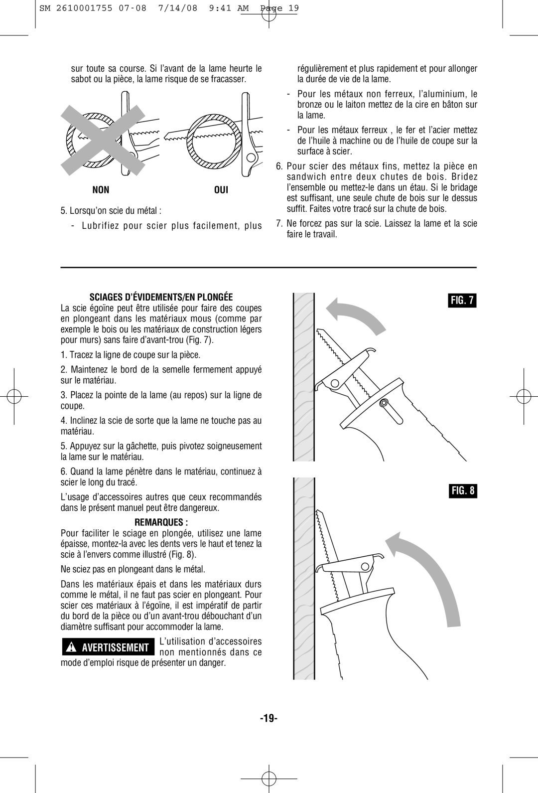 Skil 9215 manual Nonoui, Sciages D’Évidements/En Plongée, Remarques 