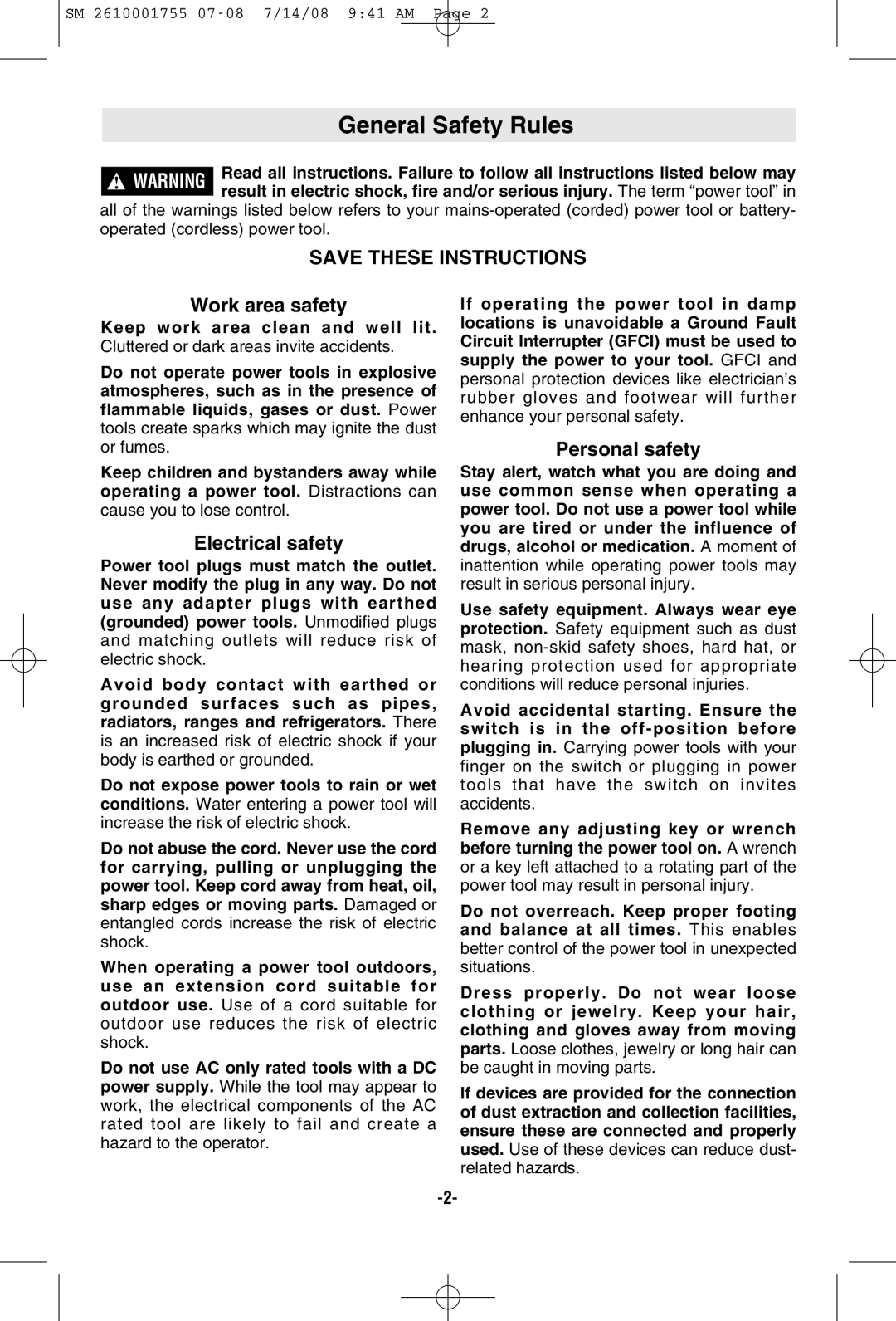 Skil 9215 manual General Safety Rules, Save These Instructions, Work area safety, Electrical safety, Personal safety 