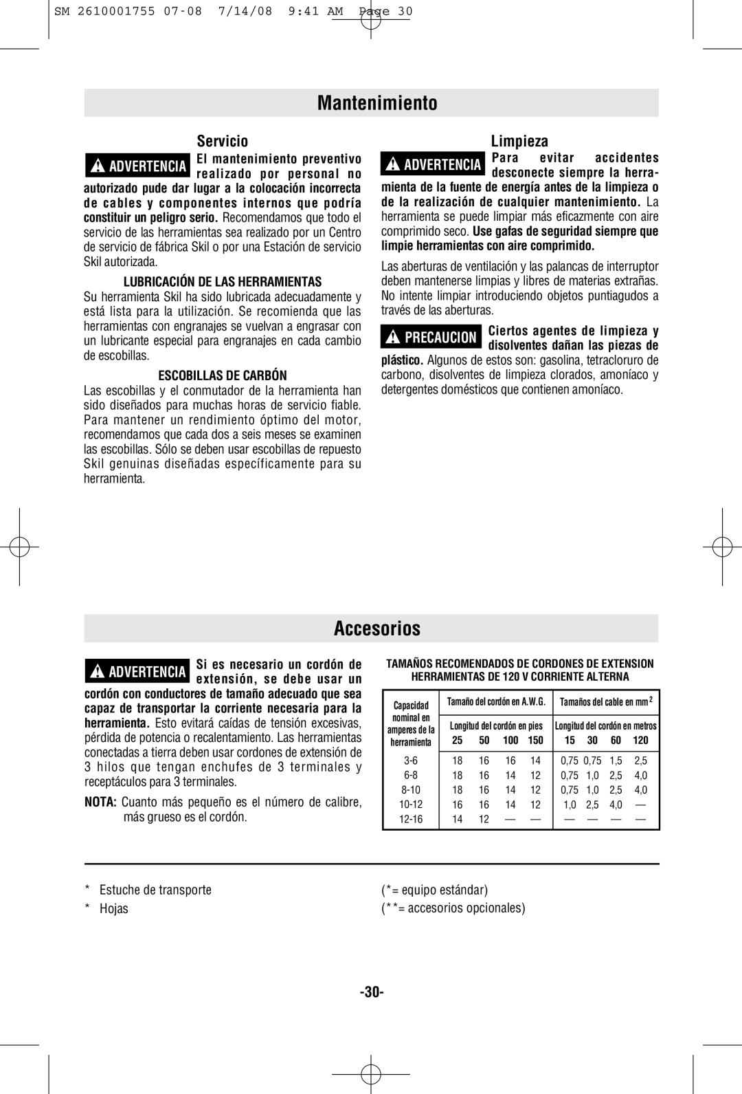 Skil 9215 manual Mantenimiento, Accesorios, Servicio, Limpieza, SM 2610001755 07-08 7/14/08 941 AM Page 