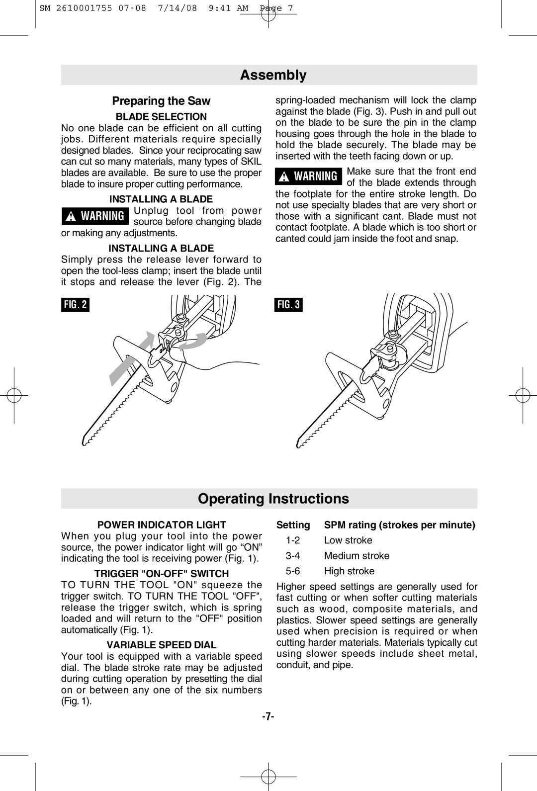 Skil 9215 manual Assembly, Operating Instructions, Preparing the Saw 