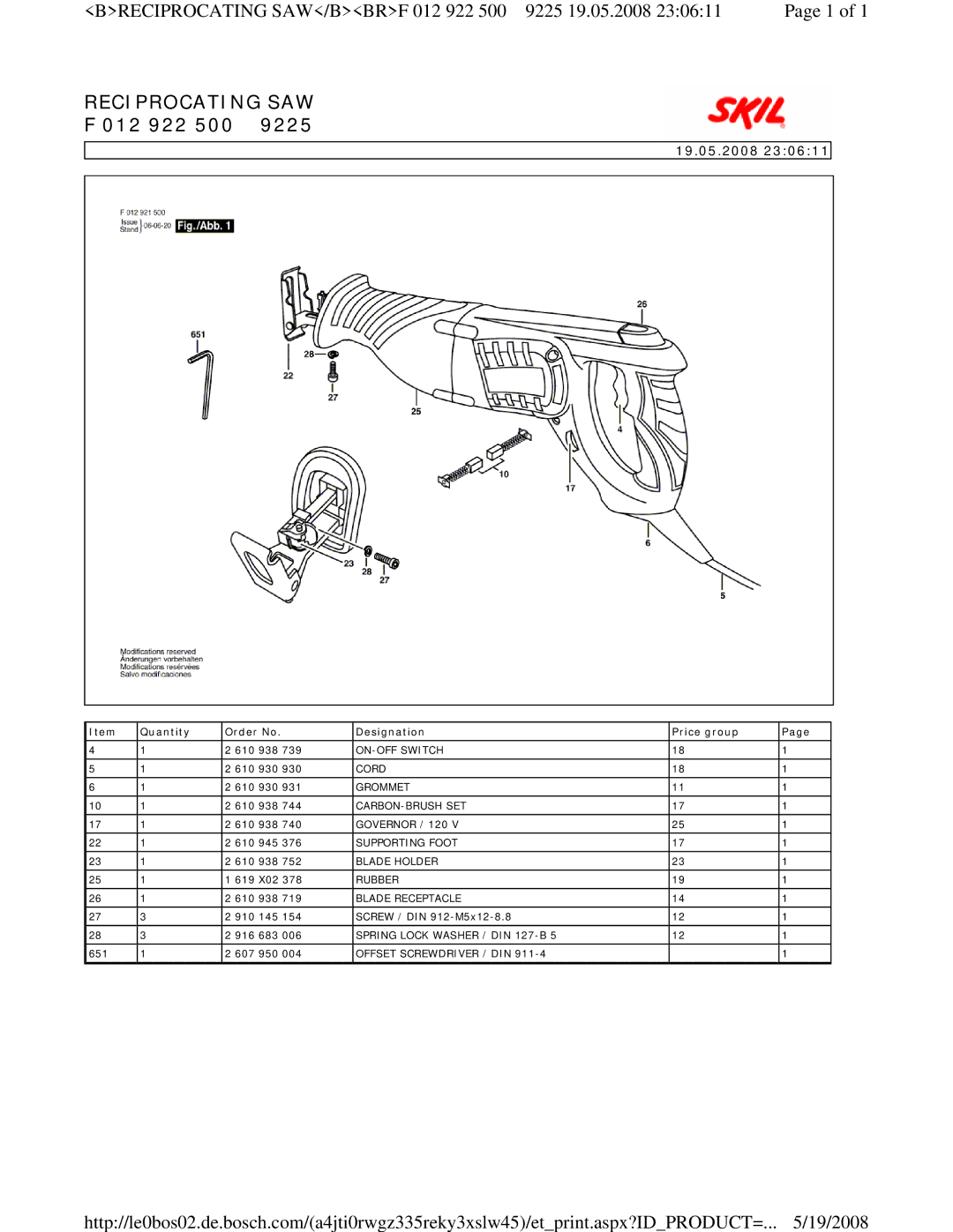 Skil 9225 manual Reciprocating SAW, 012 922 500, 19.05.2008, Quantity Order No Designation Price group 